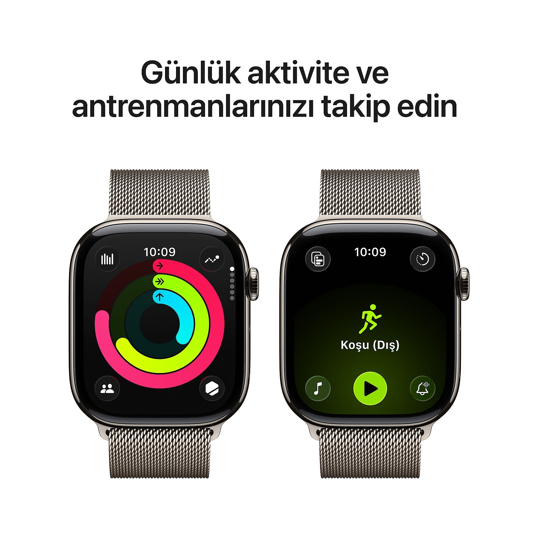 İki akıllı saat fitness verileri gösteriyor. Biri aktivite halkalarını, diğeri koşuyu gösteriyor.