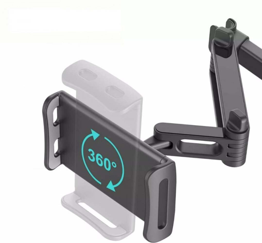 Czarny uchwyt na telefon ze przegubowym ramieniem i symbolem 360 stopni.