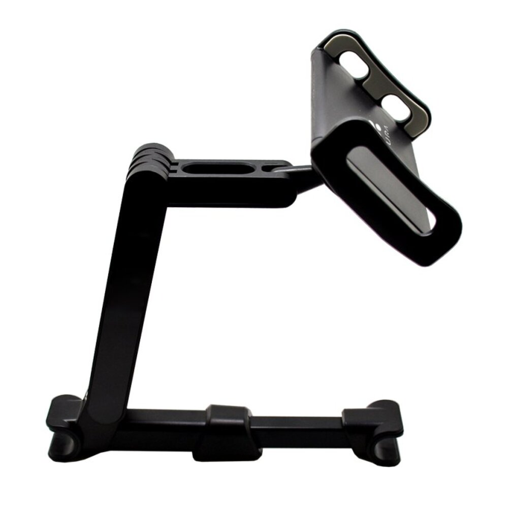 Czarny, regulowany uchwyt na telefon z przegubowymi ramionami na białym tle.