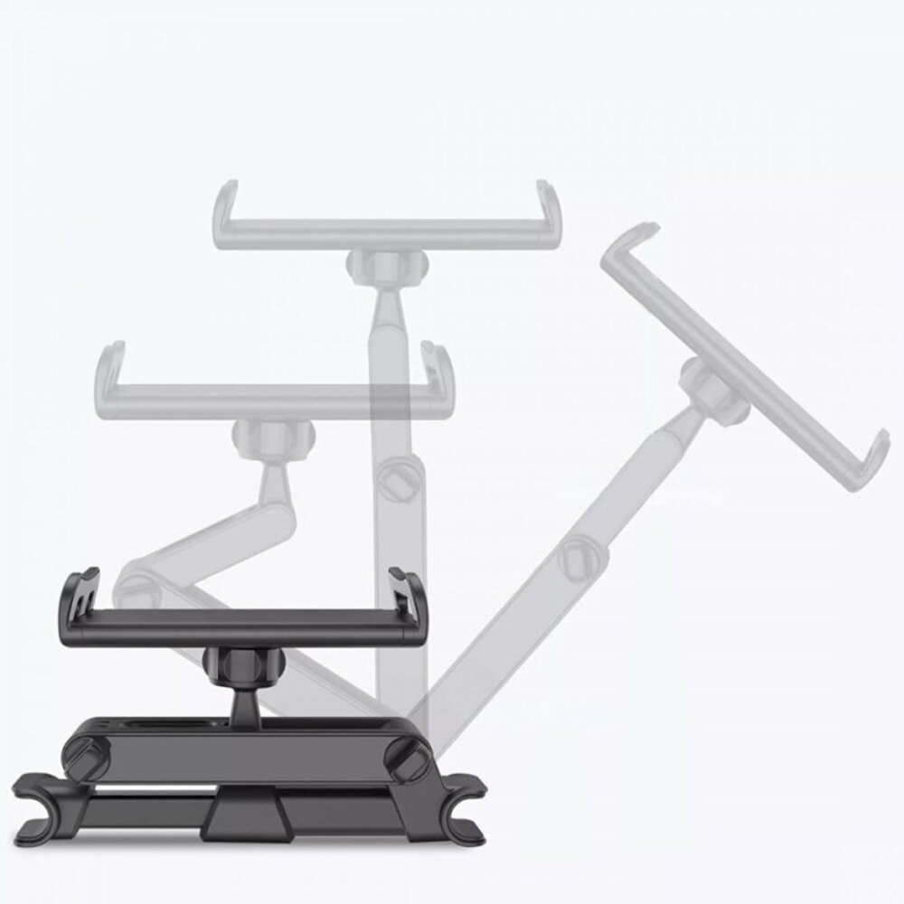 Czarny uchwyt na tablet z regulowanym ramieniem na białym tle.