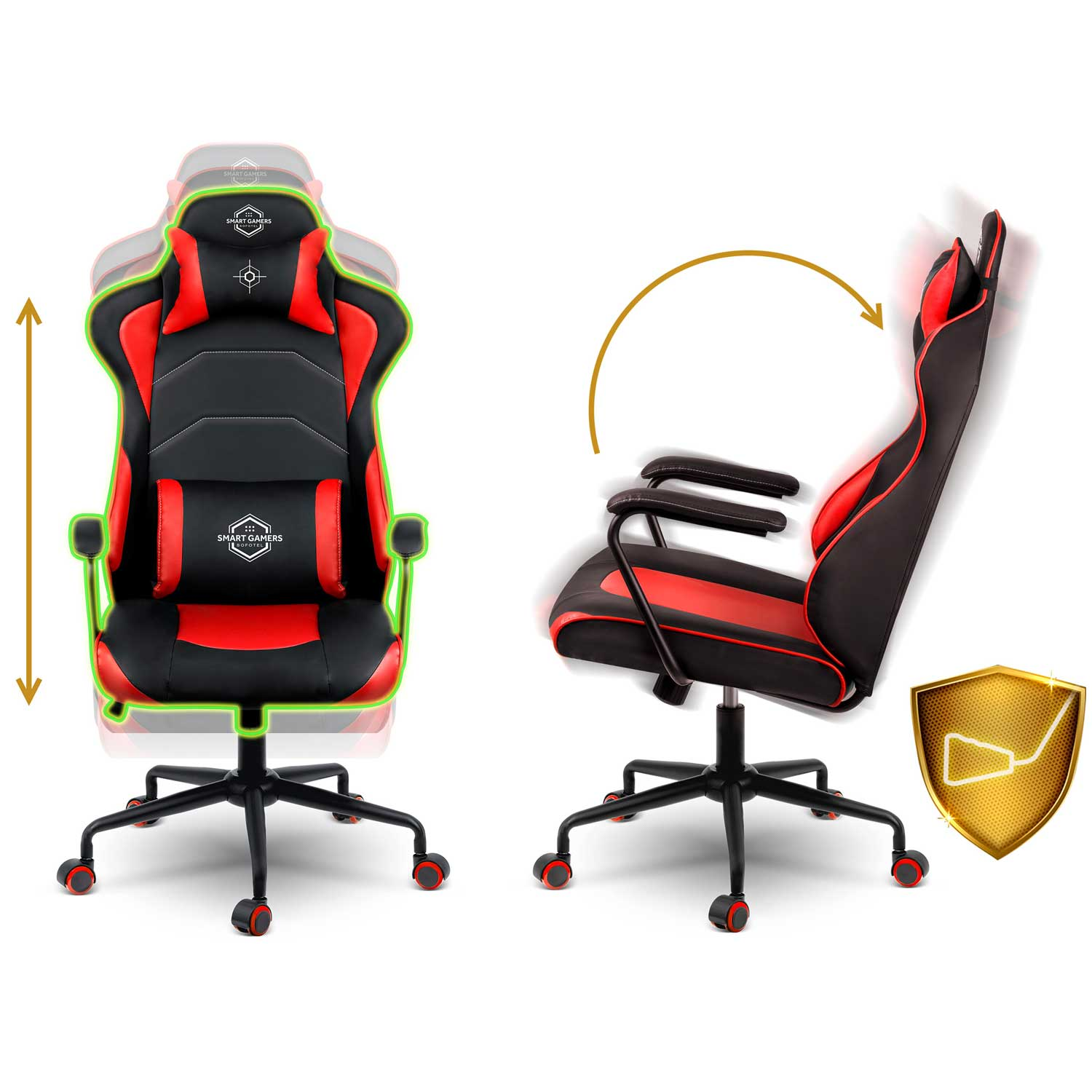 Ergonomiczne krzesło gamingowe czarno-czerwone, regulacja wysokości i oparcia.