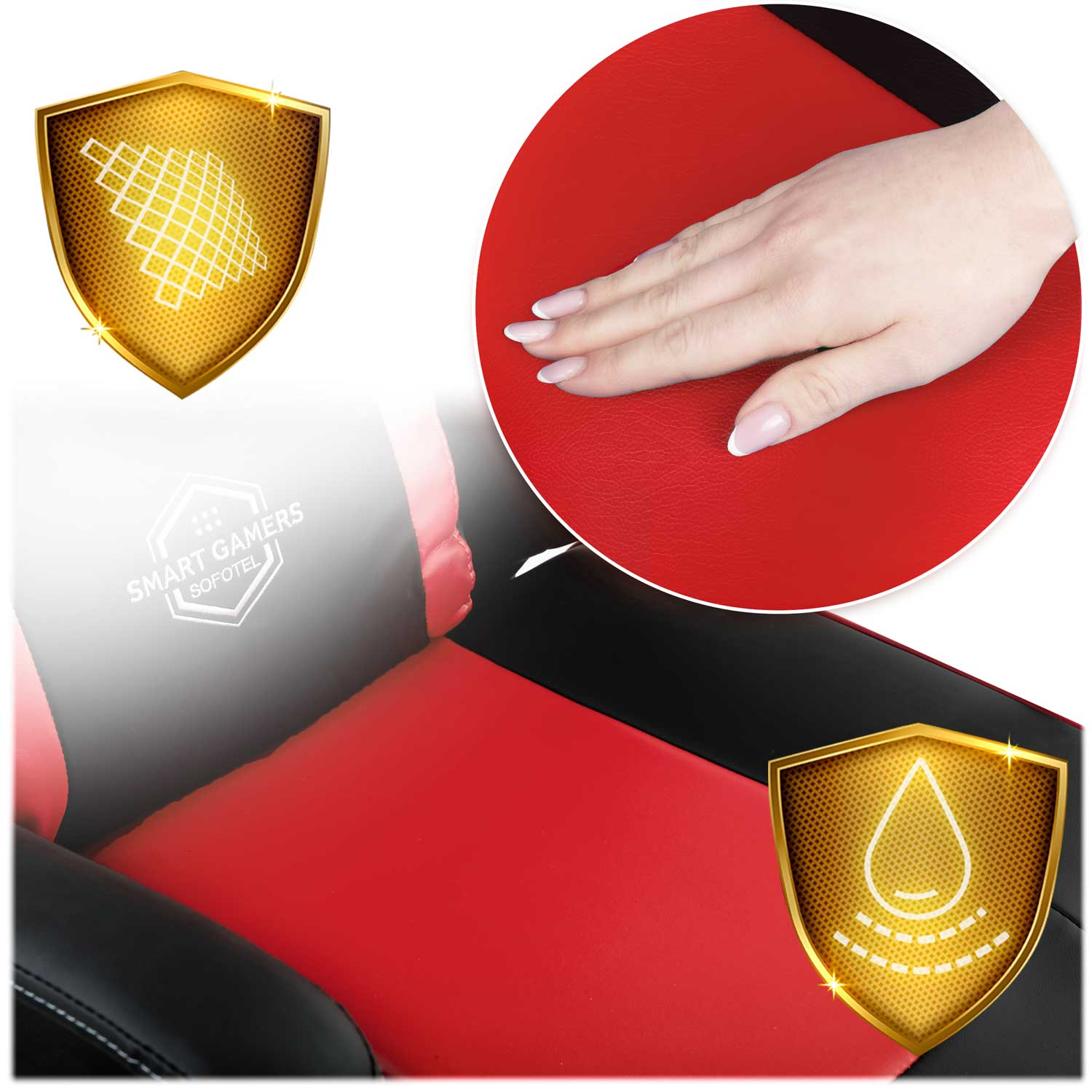 Czerwono-czarny fotel gamingowy z dłonią na siedzeniu i ikonami tarcz.