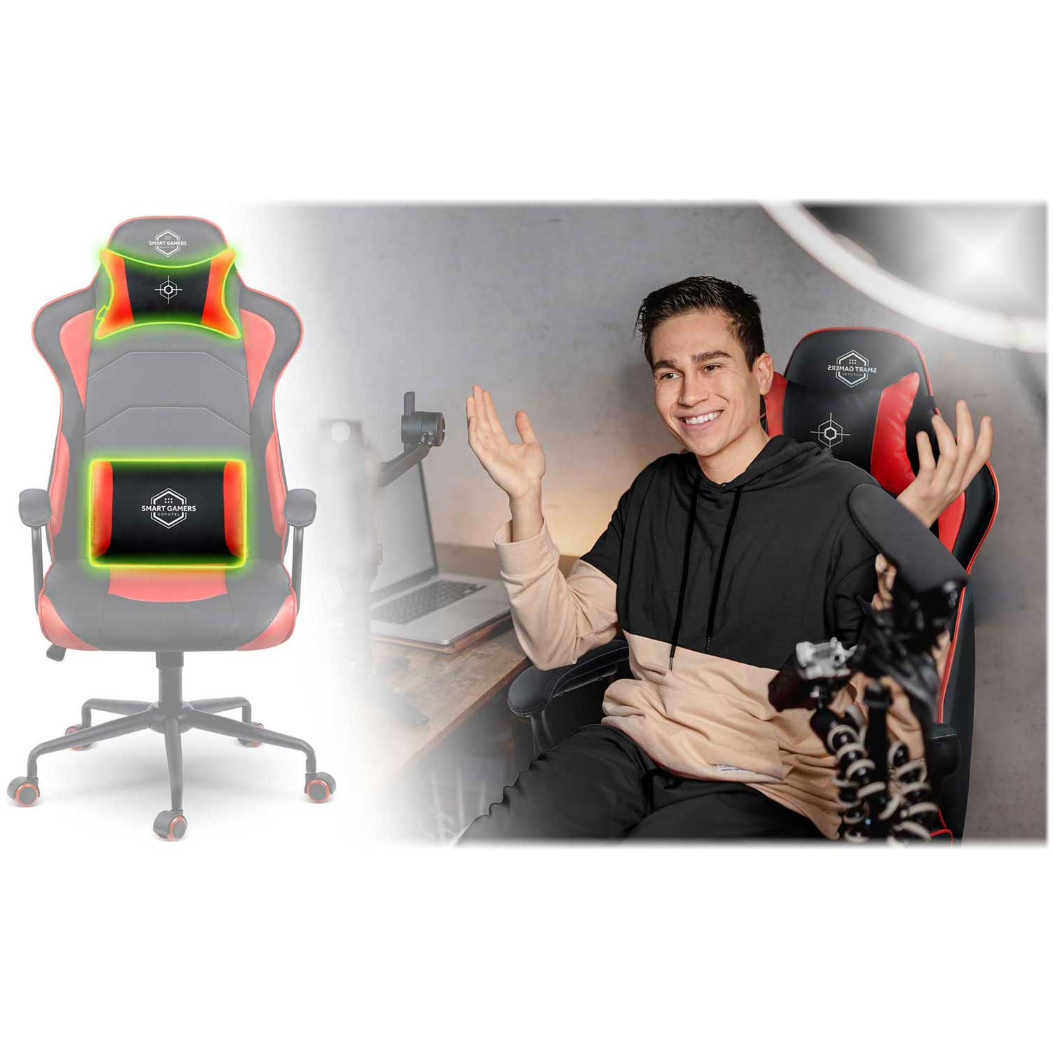 Gracz siedzi w czerwonym i czarnym fotelu, obok pusty fotel.