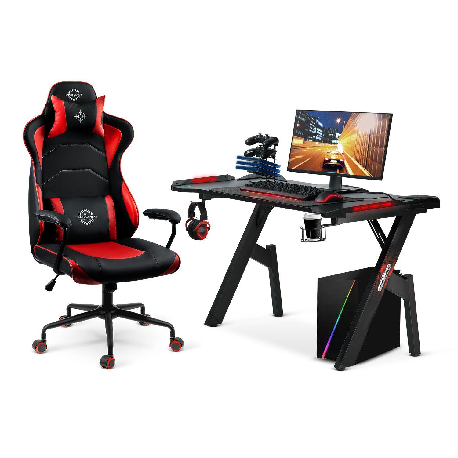 Czarny i czerwony fotel gamingowy obok czarnego biurka gamingowego z komputerem, klawiaturą, myszą i słuchawkami.