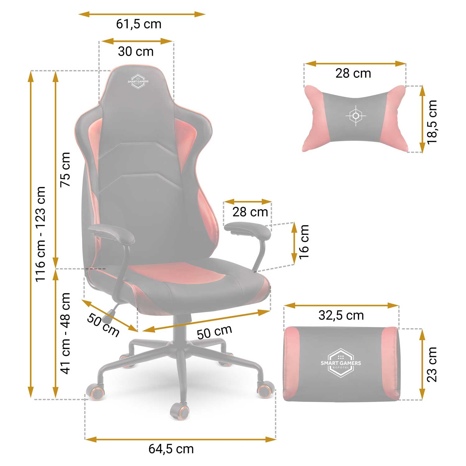 Krzesło gamingowe z wymiarami i poduszkami. Czarno-czerwone.