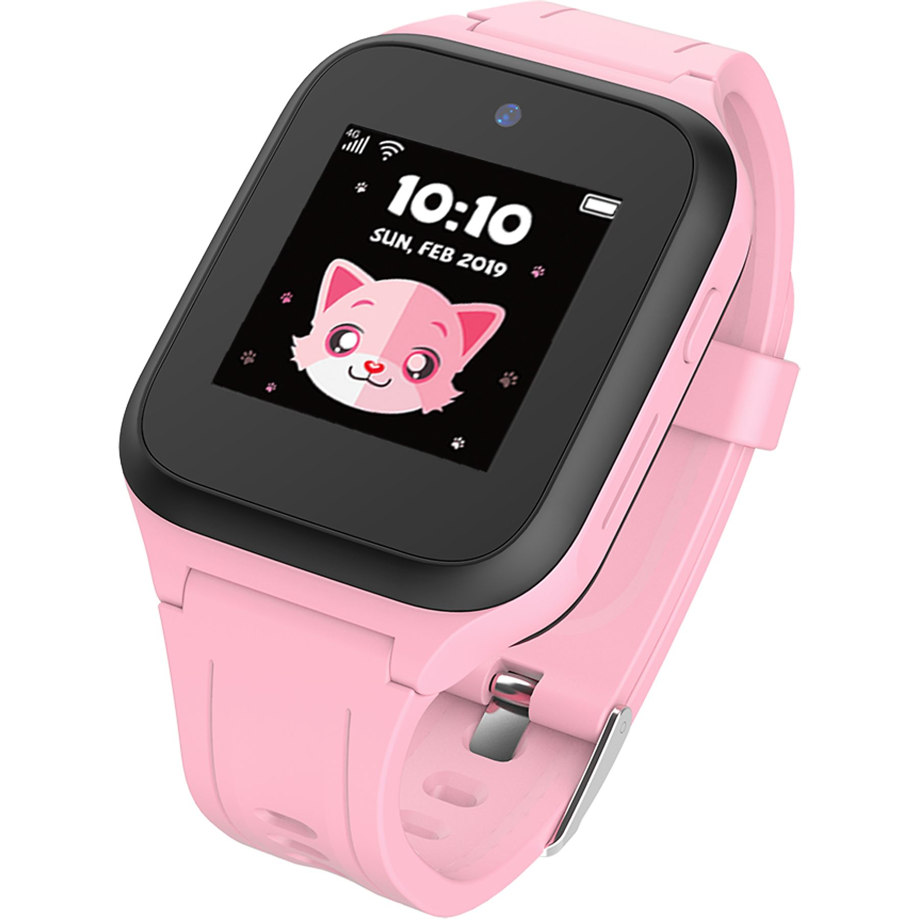 Kedi yüzü ekranlı pembe akıllı saat 10:10 ve tarihi gösteriyor.