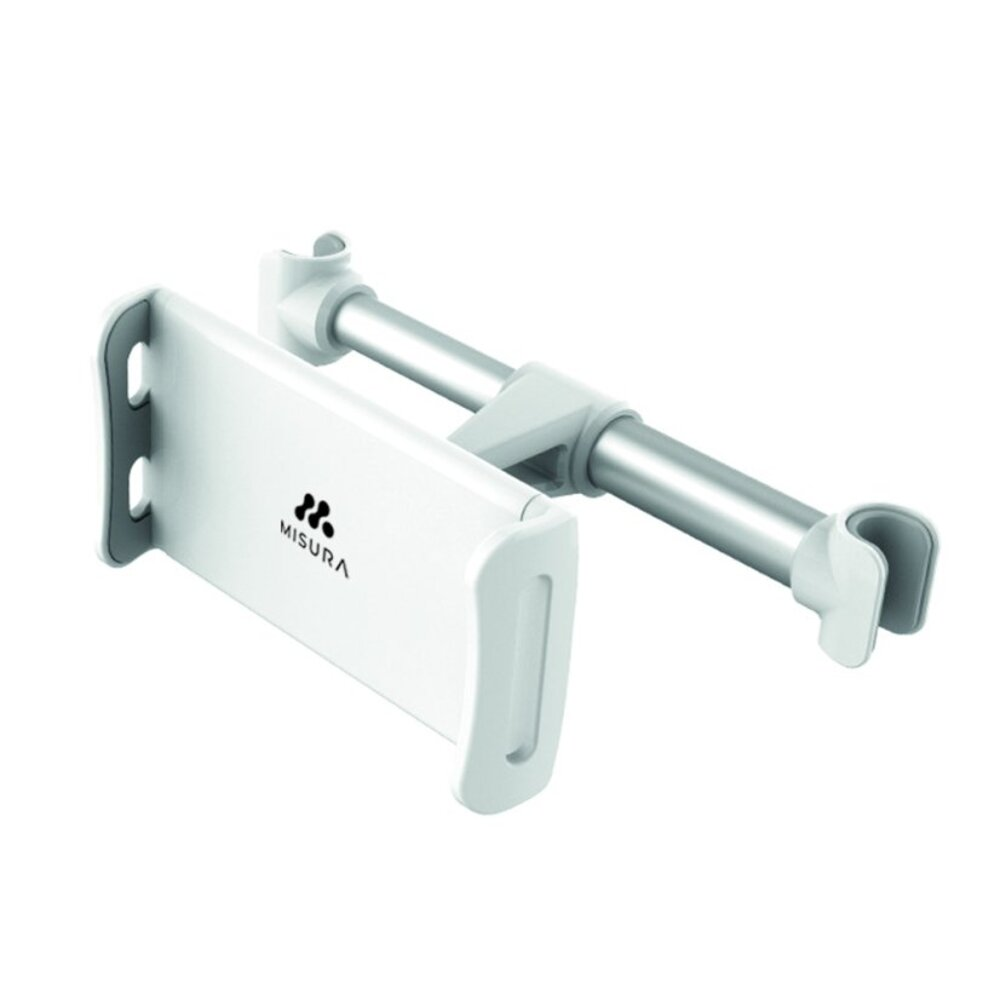 Biały uchwyt do tabletu z regulowanym metalowym ramieniem i zaciskiem.