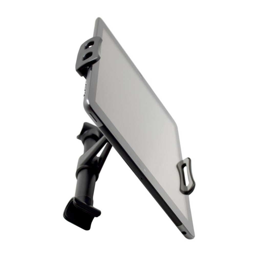 Czarny uchwyt na tablet podtrzymuje tablet na białym tle.