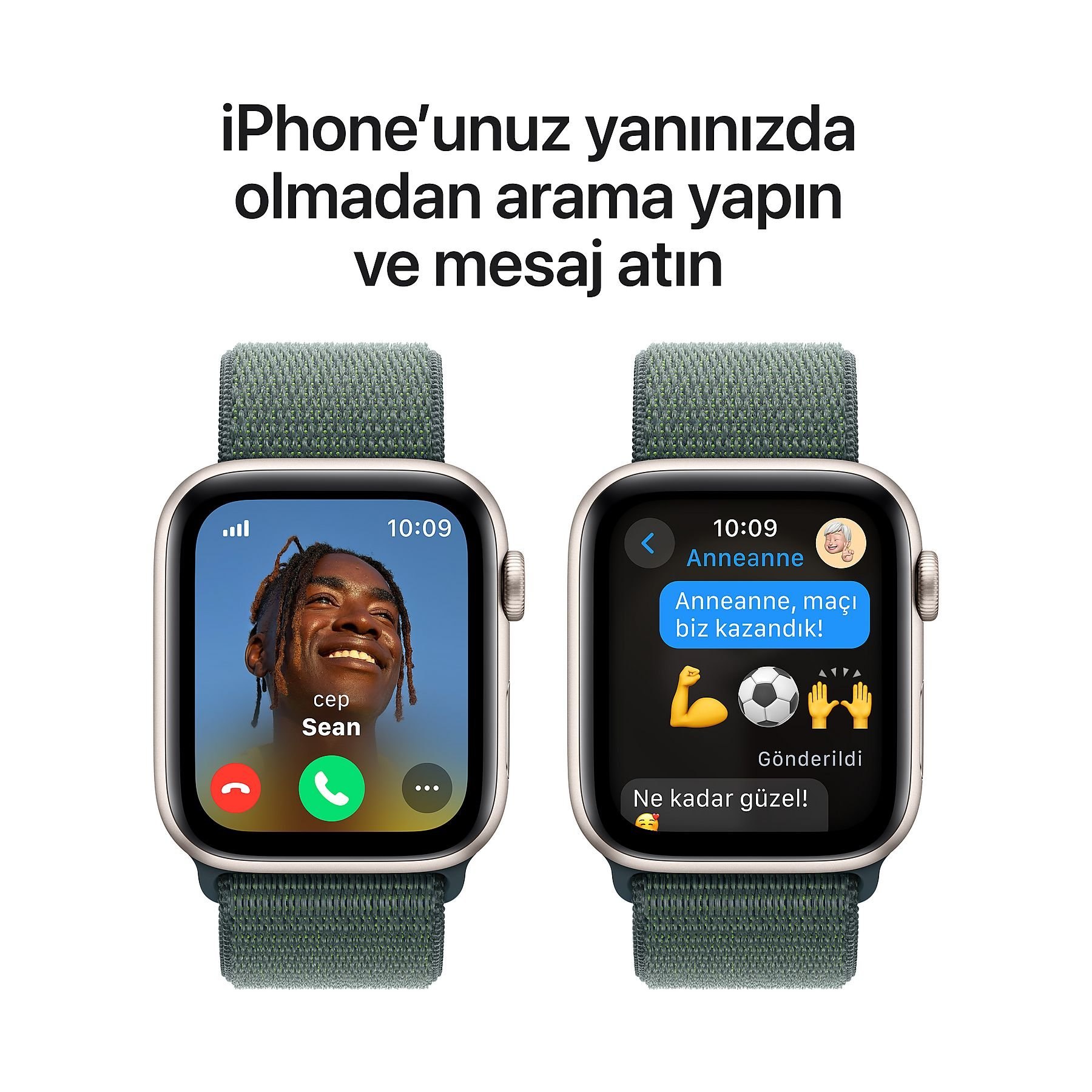 Yan yana iki Apple Watch, biri çağrı, diğeri mesaj gösteriyor.