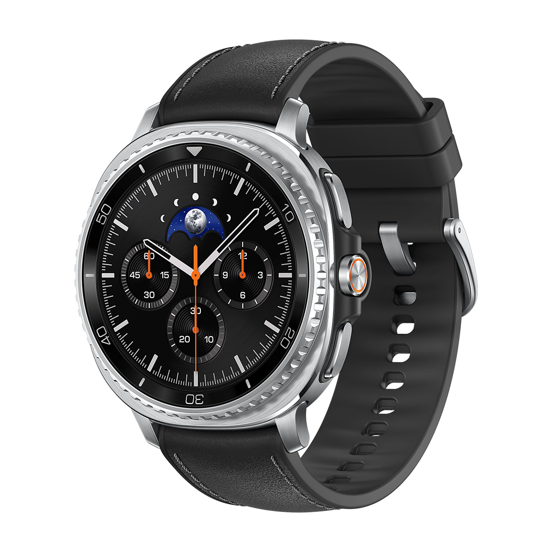 Gümüş kasalı, deri/silikon kordonlu siyah akıllı saat.