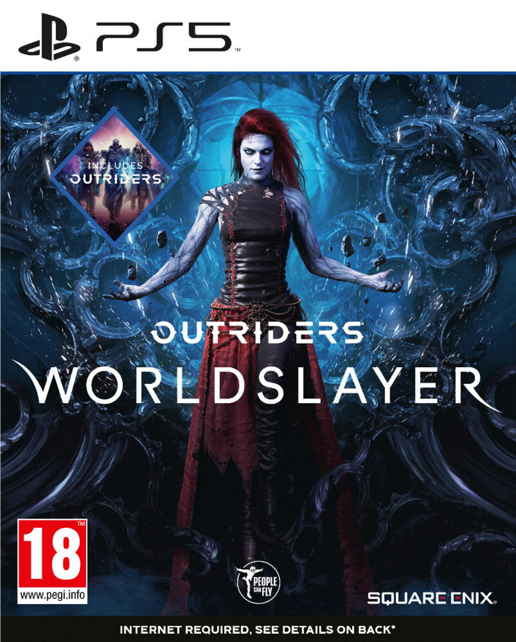 Okładka gry Outriders Worldslayer na PS5 z kobietą i oznaczeniem PEGI 18.