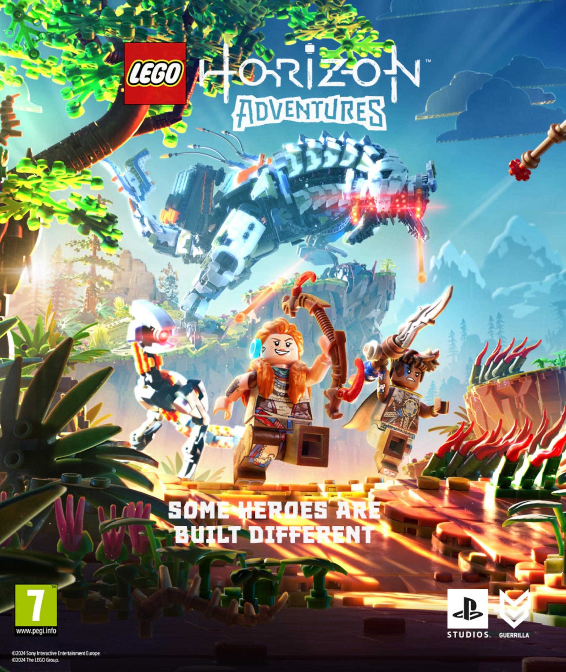 Figure Lego Aloy e un amico davanti a un robot gigante in un mondo Lego.