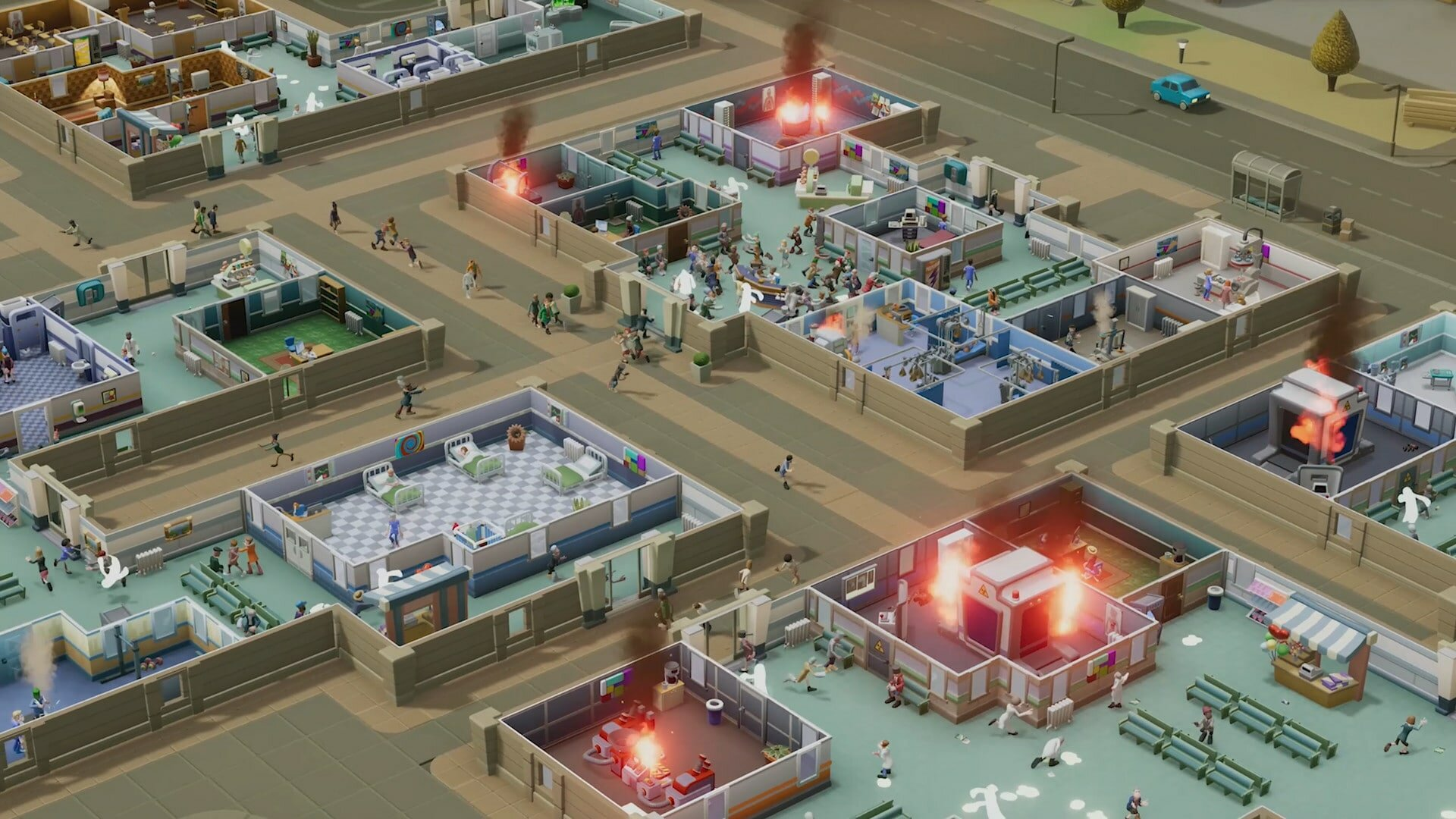 Una escena hospitalaria caótica con habitaciones en llamas y gente huyendo.