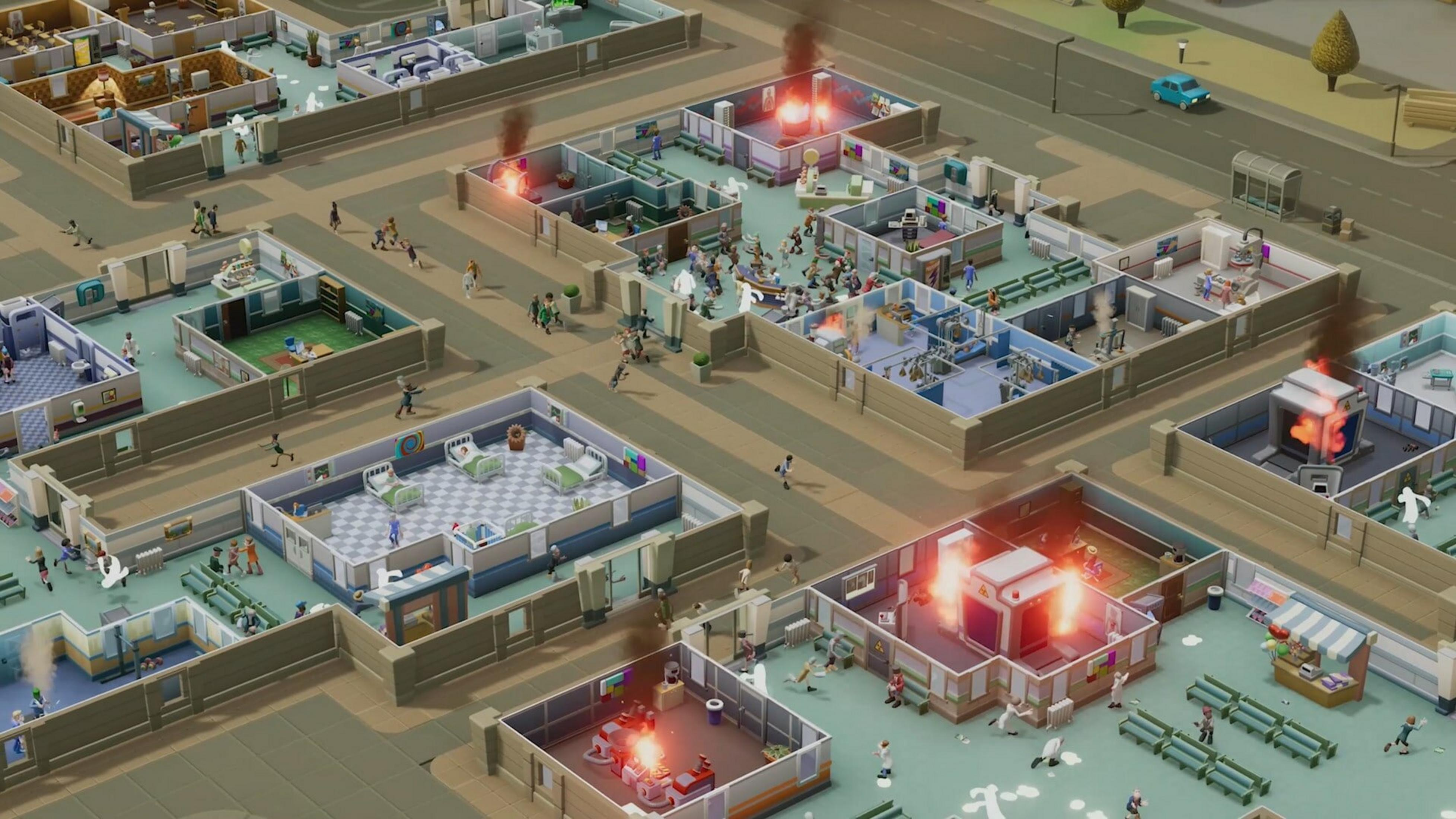Un hospital en llamas, con pacientes y personal huyendo.