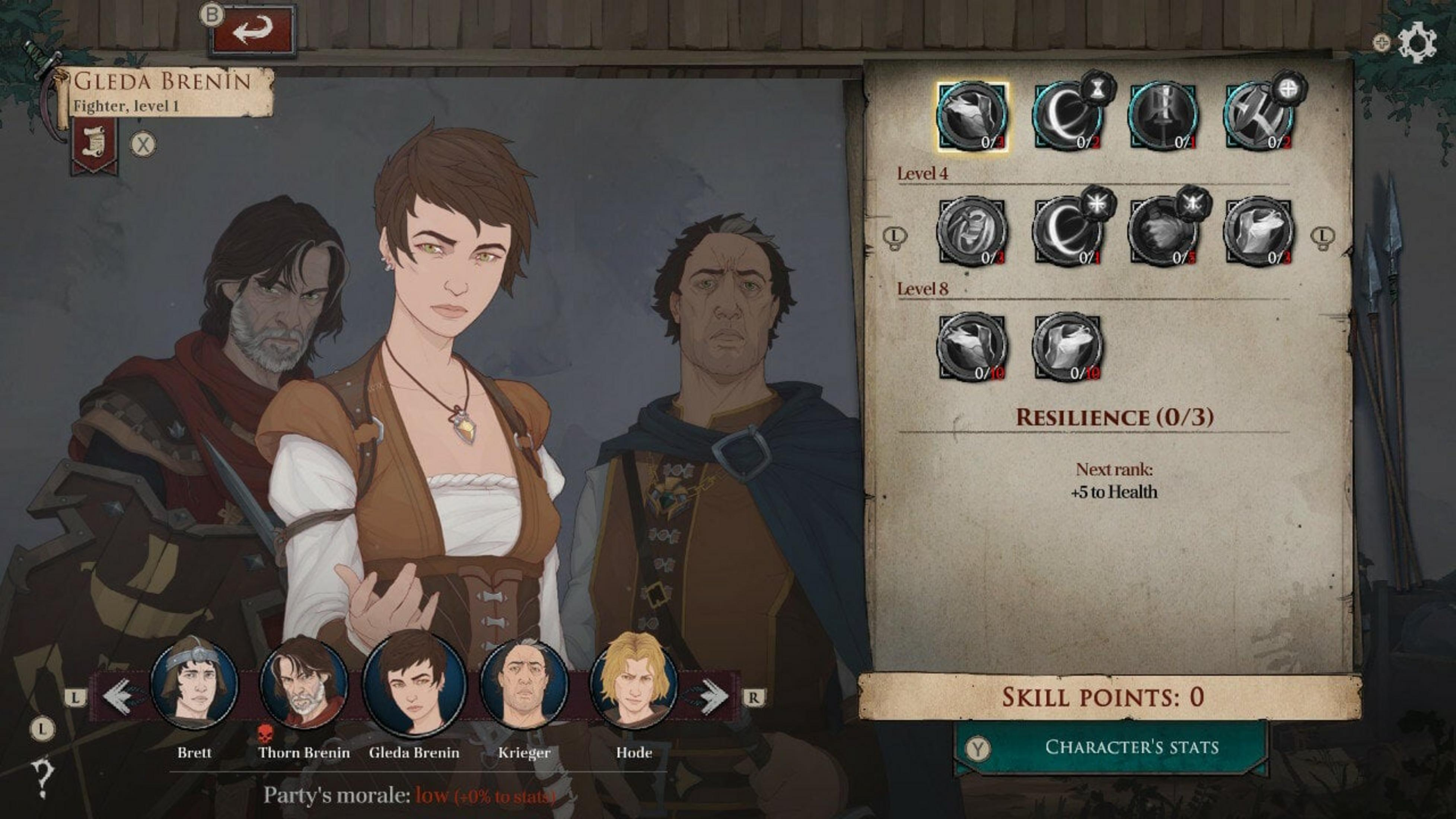 Ekran postaci z czterema postaciami i menu umiejętności.