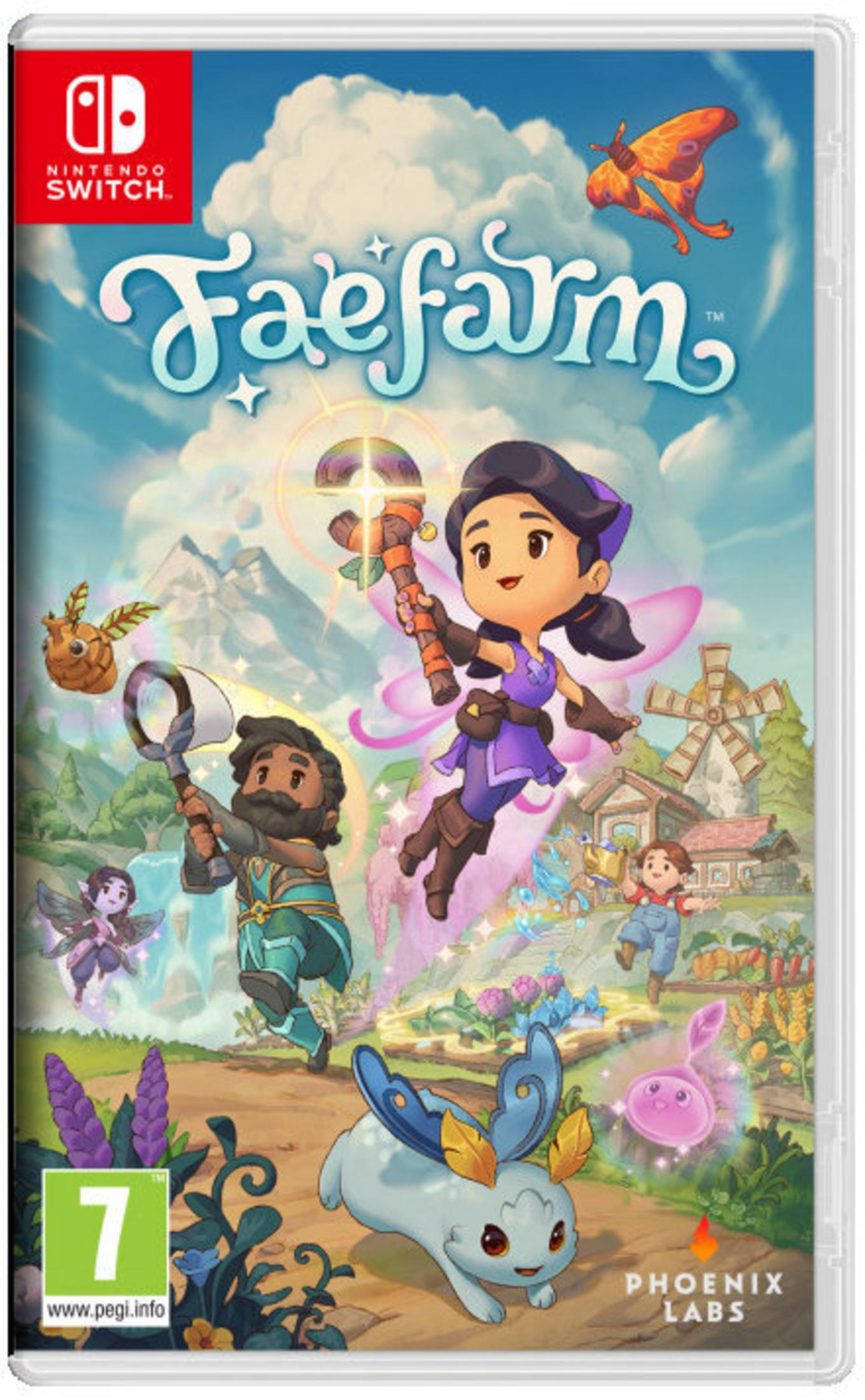 Copertina Fae Farm Nintendo Switch con personaggi, mulino e montagne.