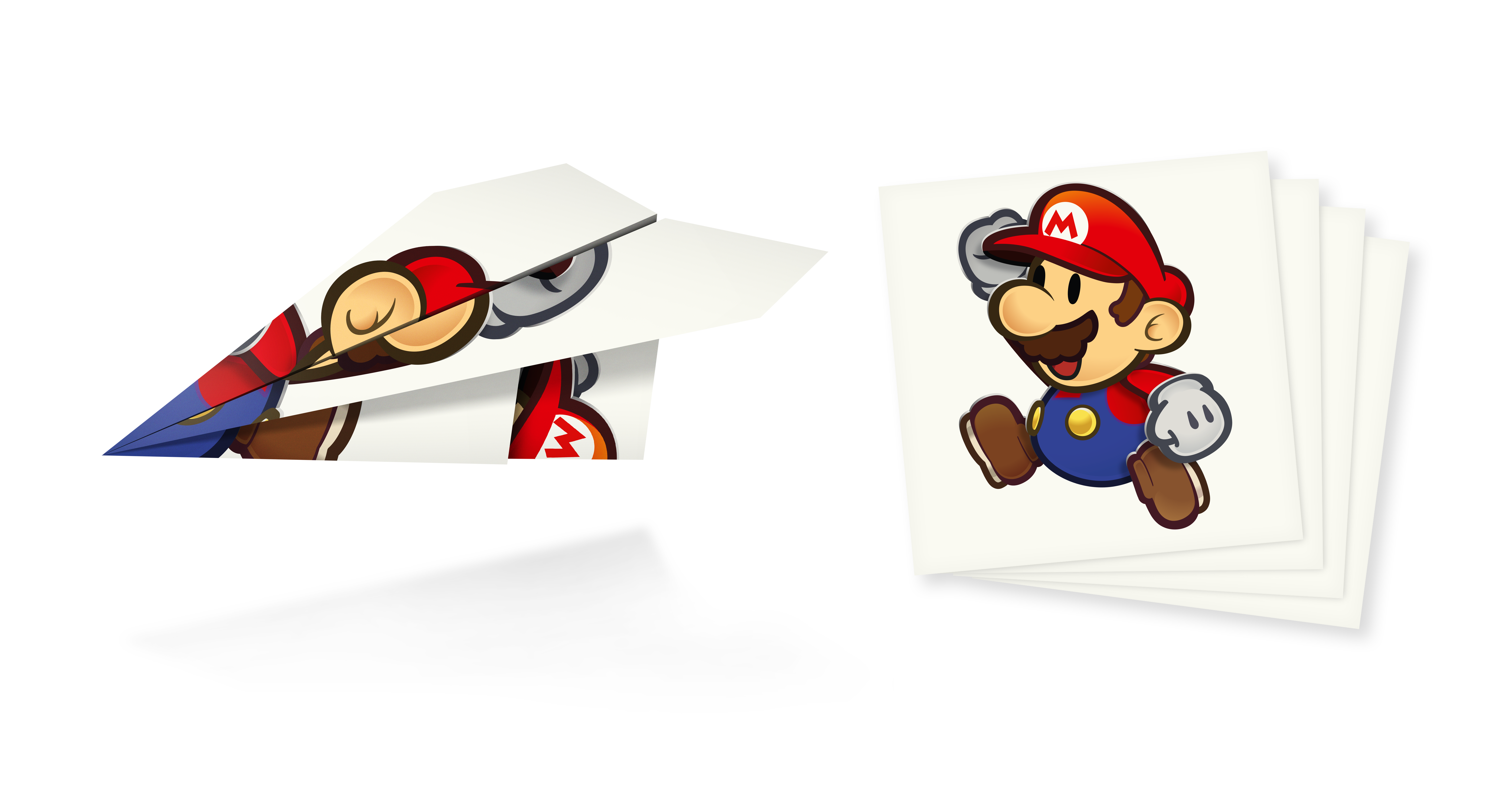 Mario als Papierflugzeug und als stehende Figur auf weißen Karten.