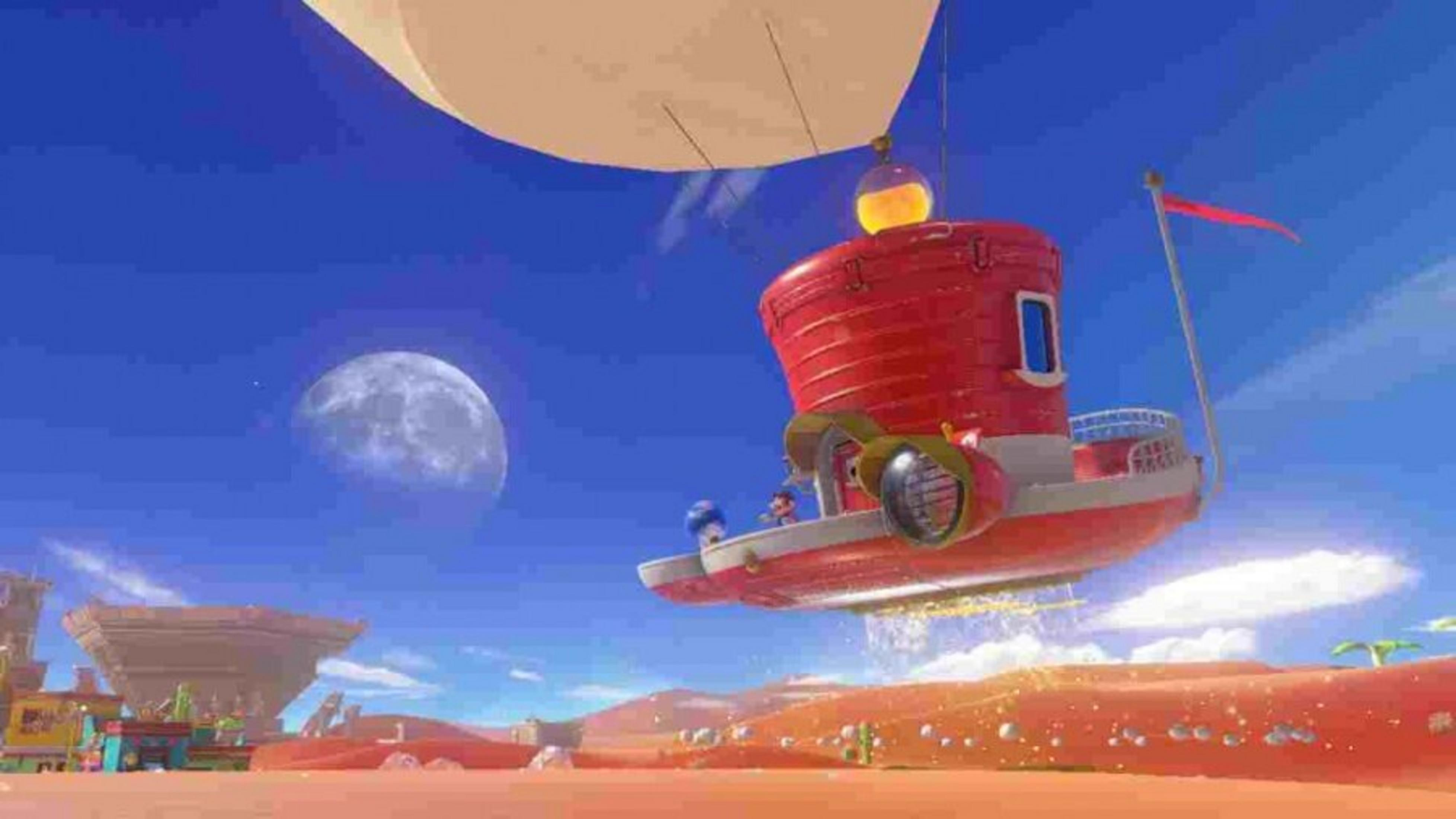 Un dirigibile rosso vola su un paesaggio desertico con luna e nuvole.