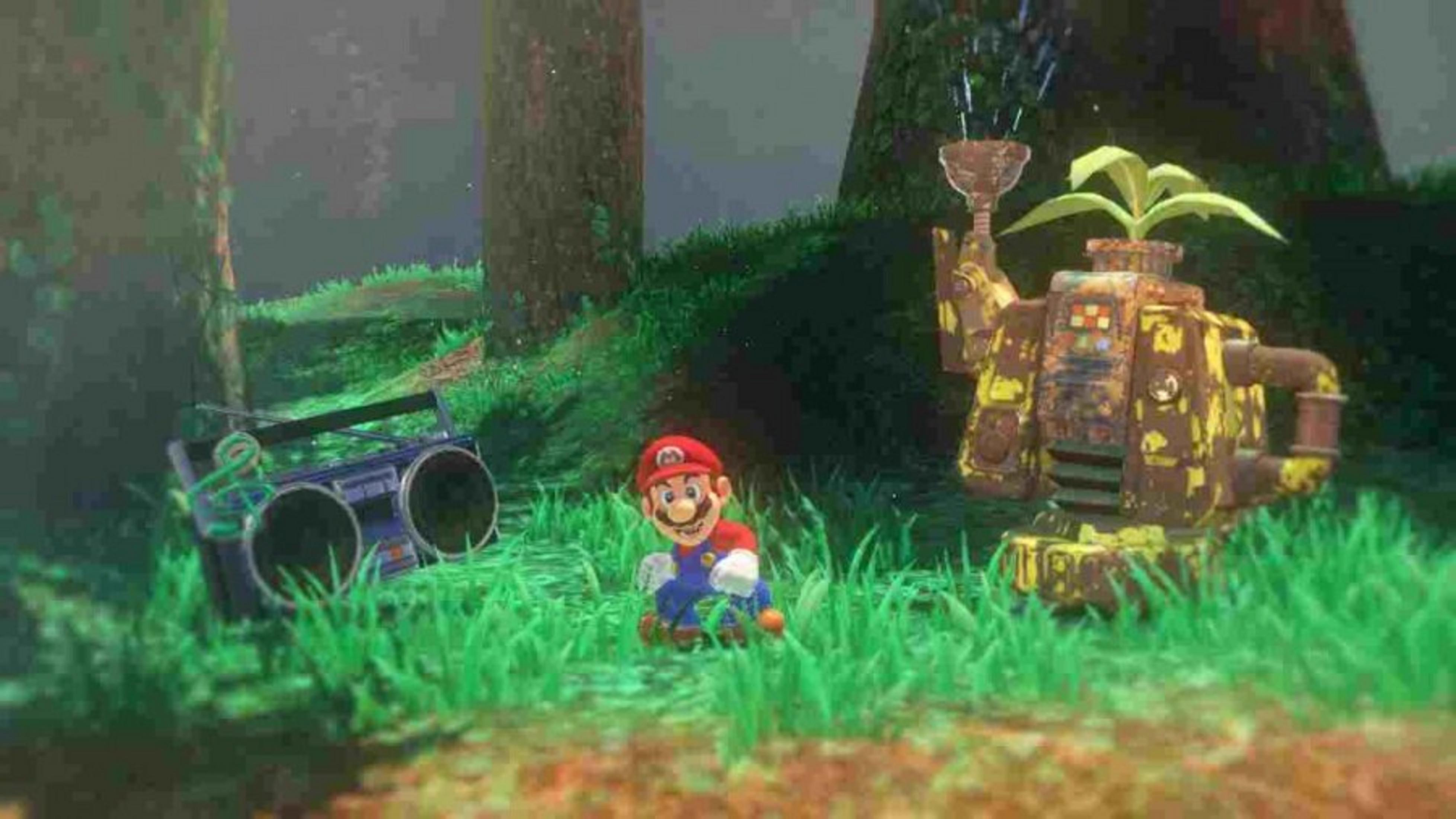 Mario siede sull'erba accanto a uno stereo portatile e a una macchina arrugginita a forma di teiera.