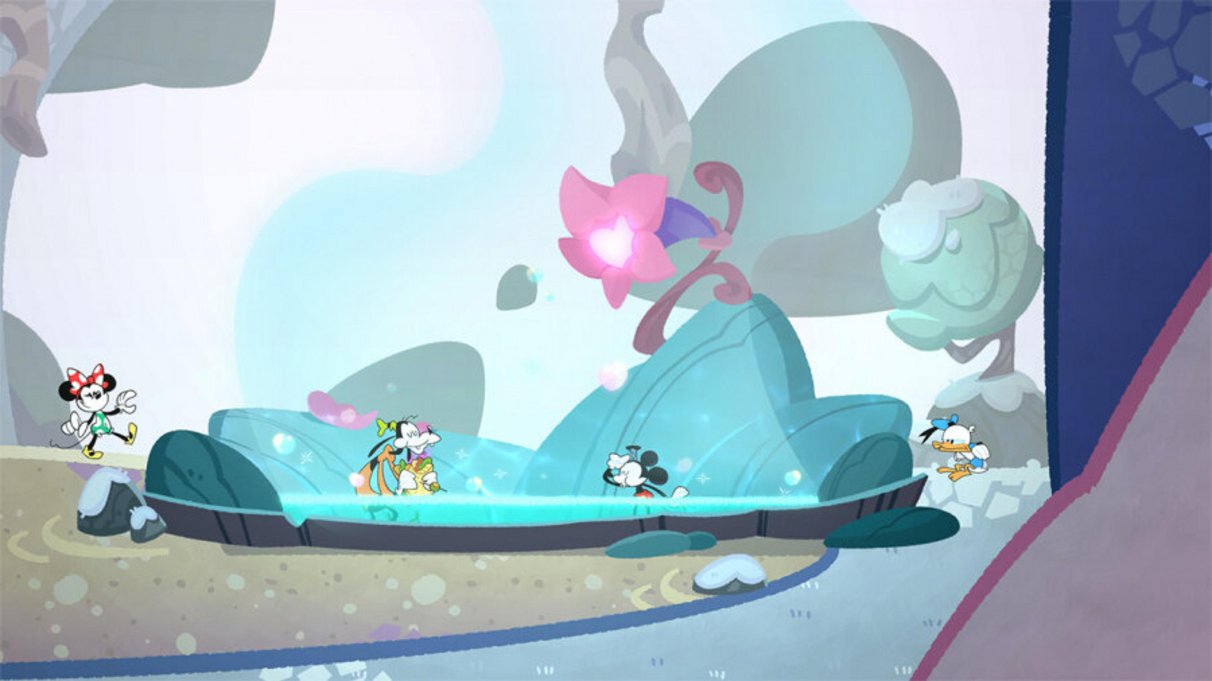 Mickey, Minnie, Goofy e Donald in un paesaggio magico con un fiore luminoso.