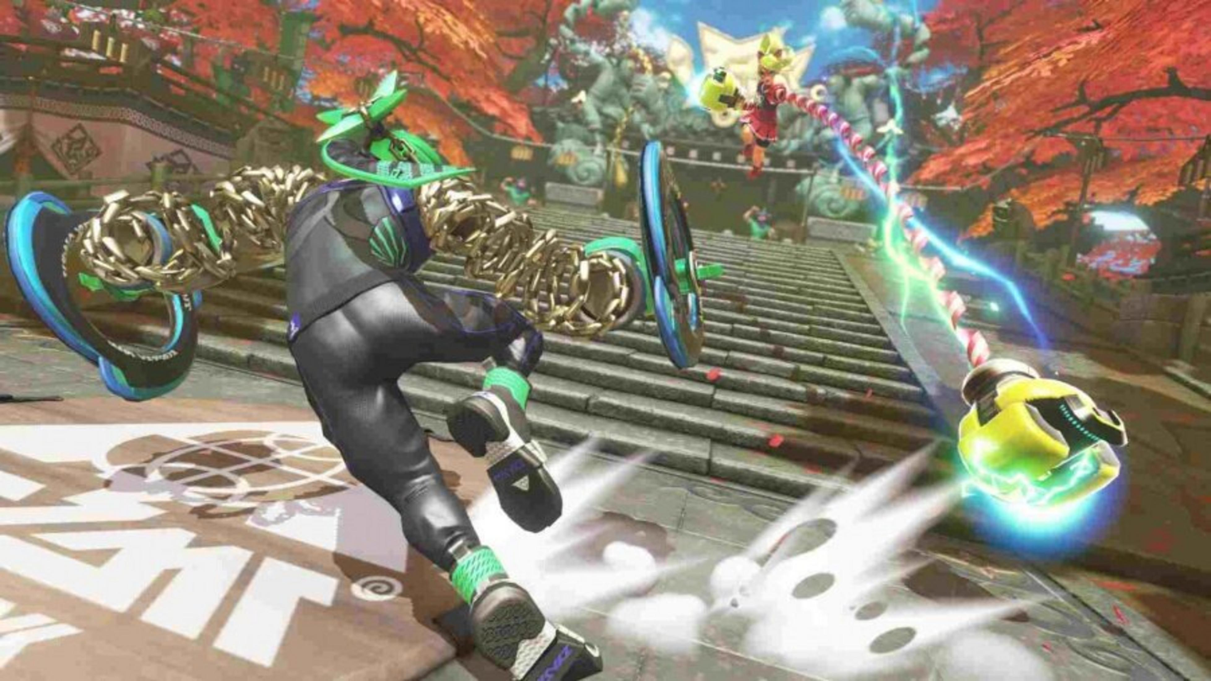 Zielona postać z ramionami z łańcuchów walczy z żółtą postacią.