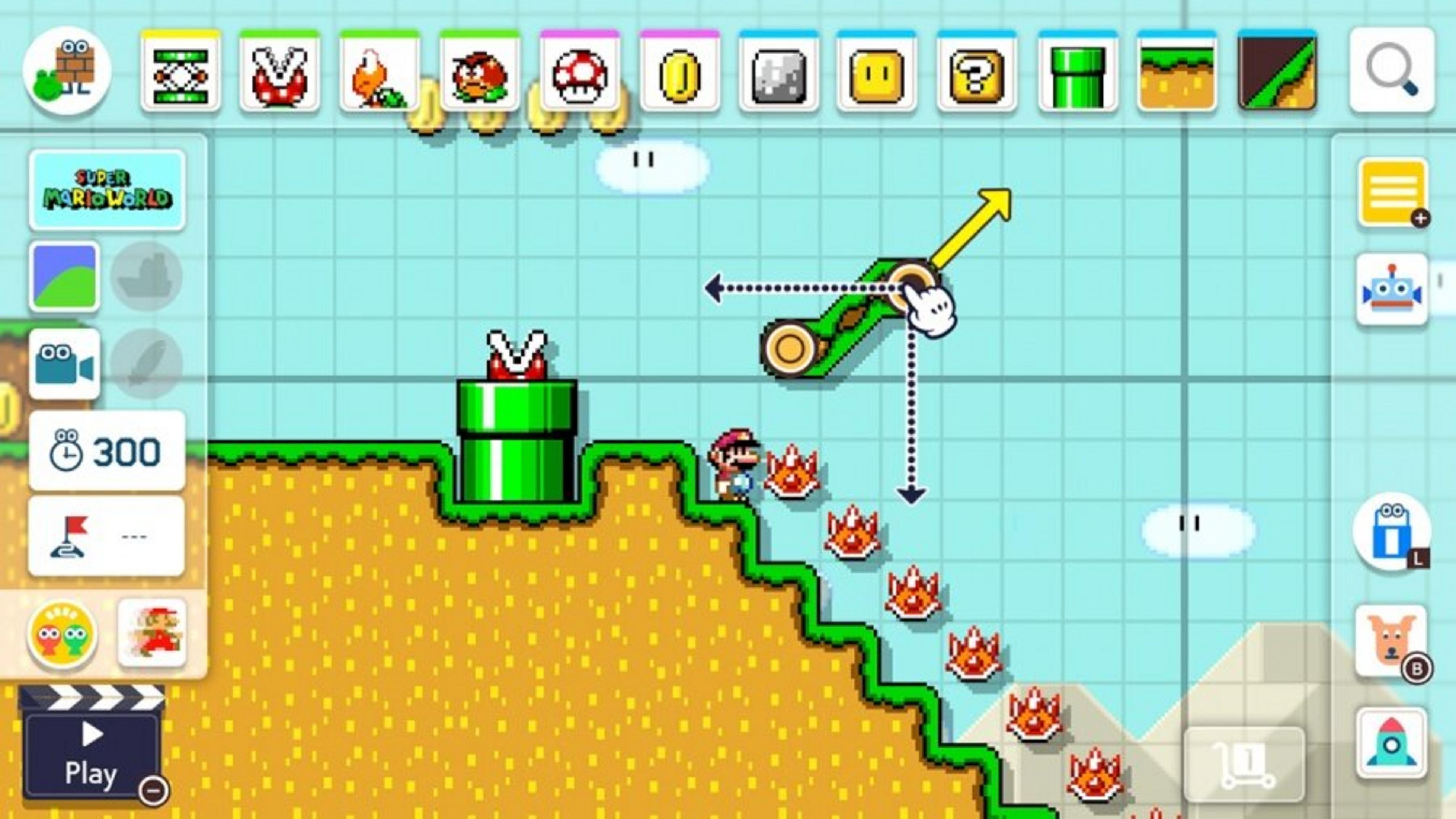 Mario su una piattaforma collinare arancione con gradini verdi e fiori di fuoco.