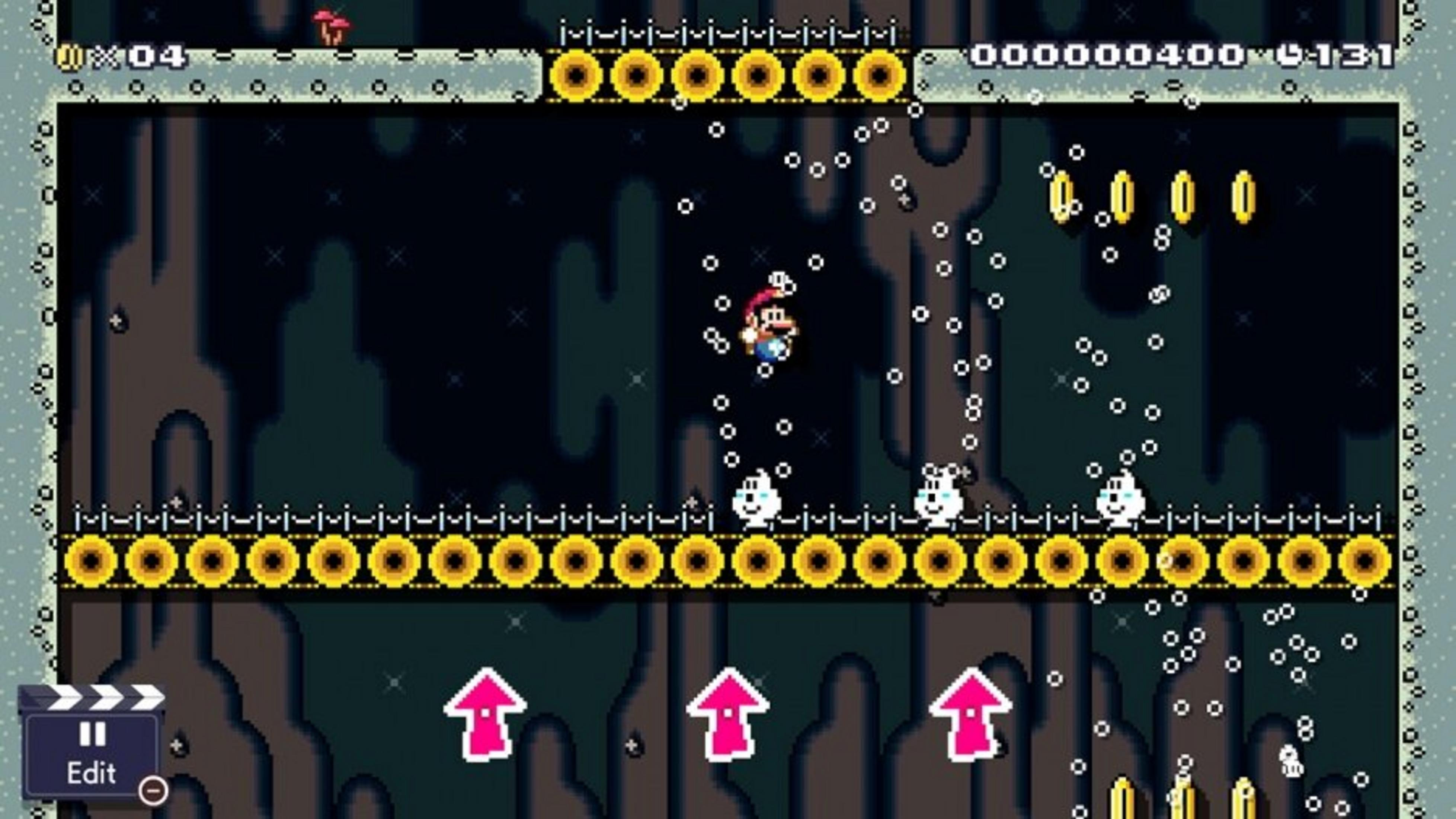 Mario fluttua in un livello buio con monete e fantasmi.