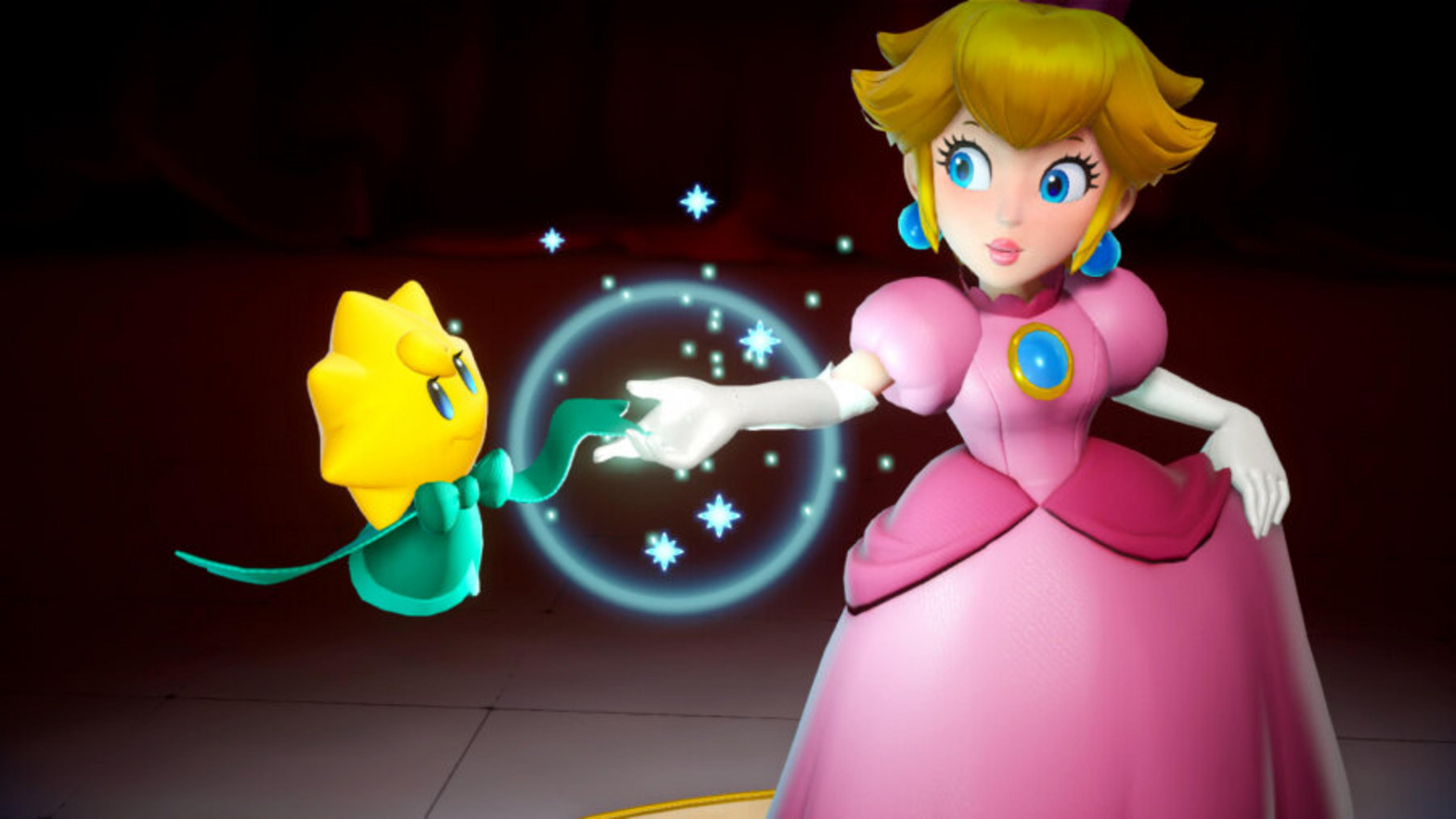 La principessa Peach porge una mano a una piccola creatura gialla.