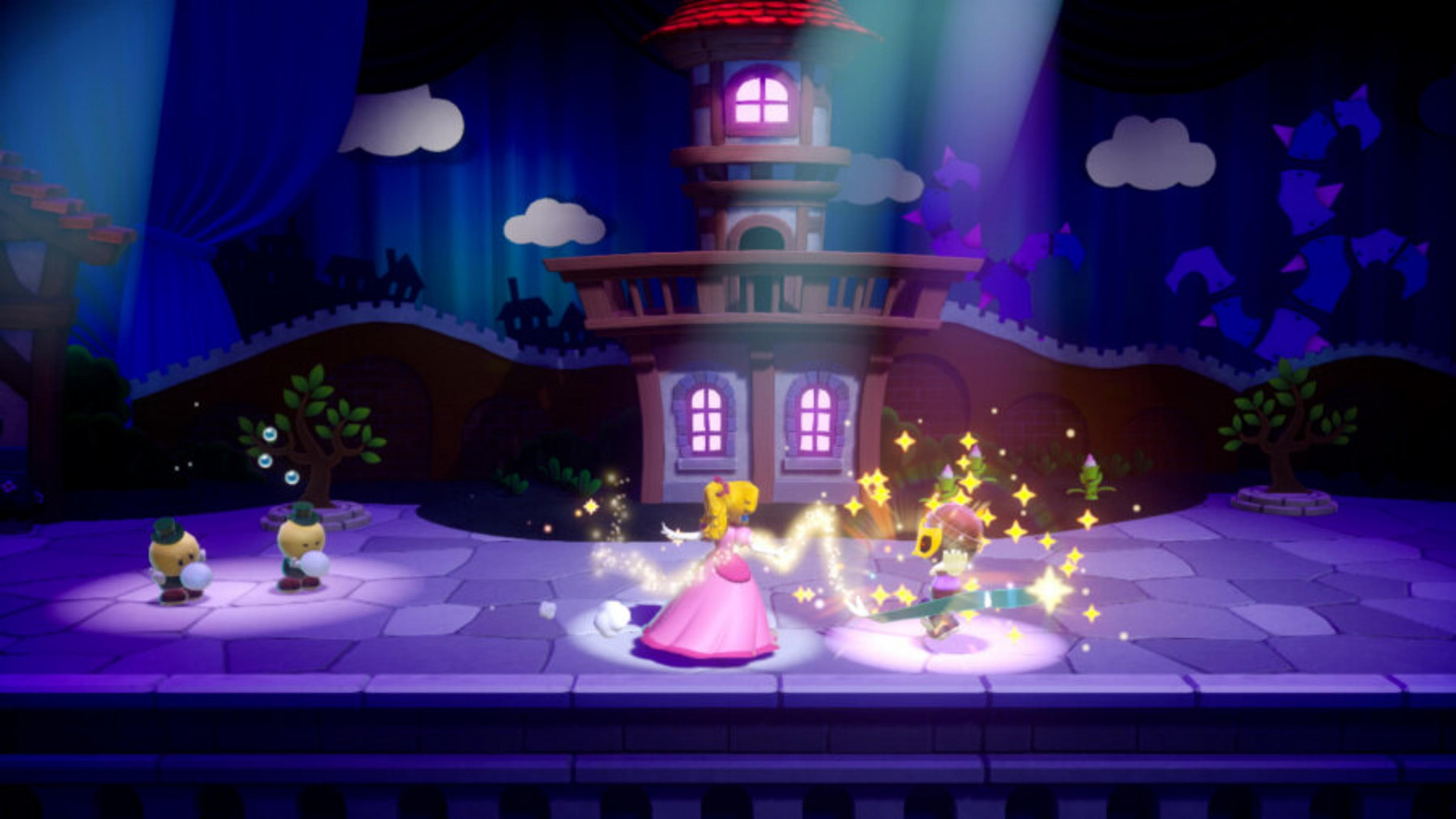 La principessa Peach e un amico ballano sotto un faro.