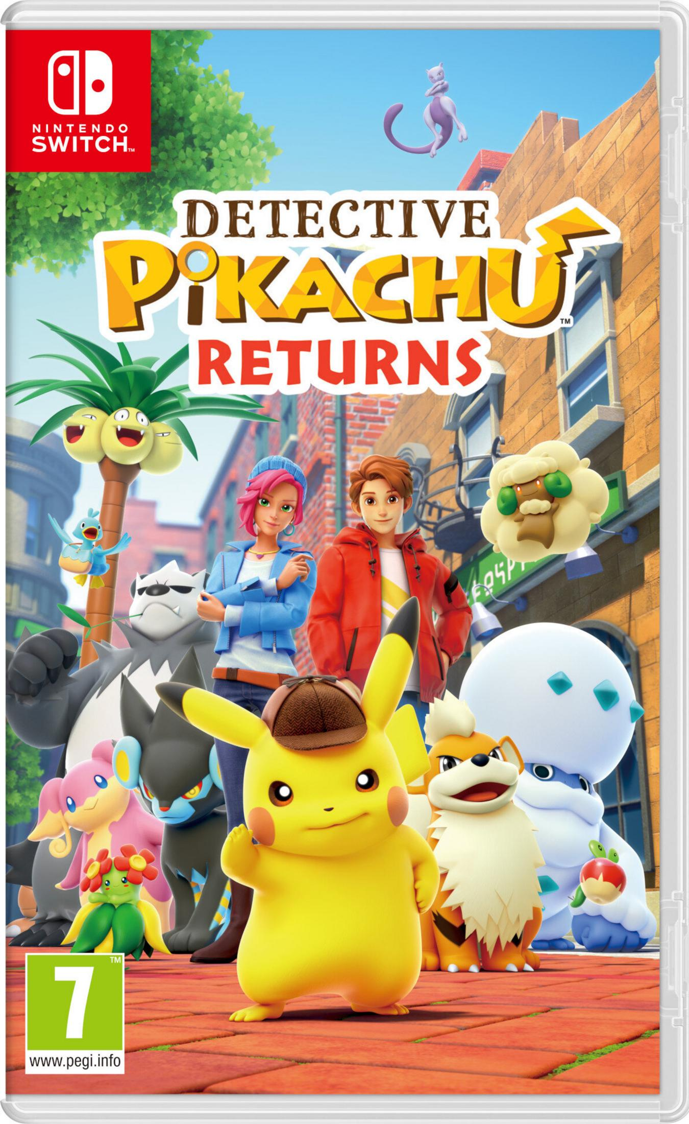 Copertina del gioco Detective Pikachu Returns con Pikachu, Tim e molti Pokémon in città.