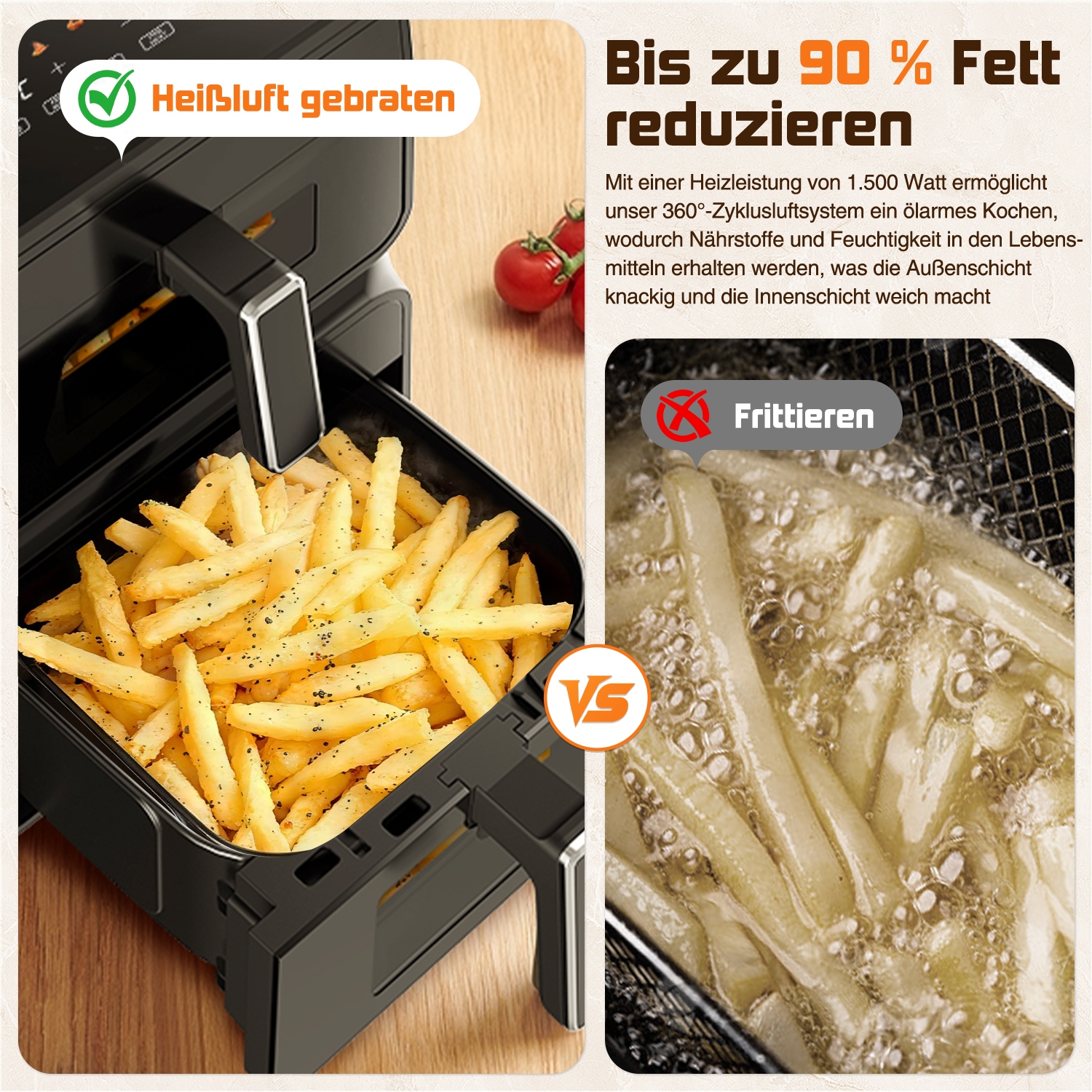 Heißluftfritteuse mit Pommes Frites vs. Frittieren von Pommes Frites in Öl.
