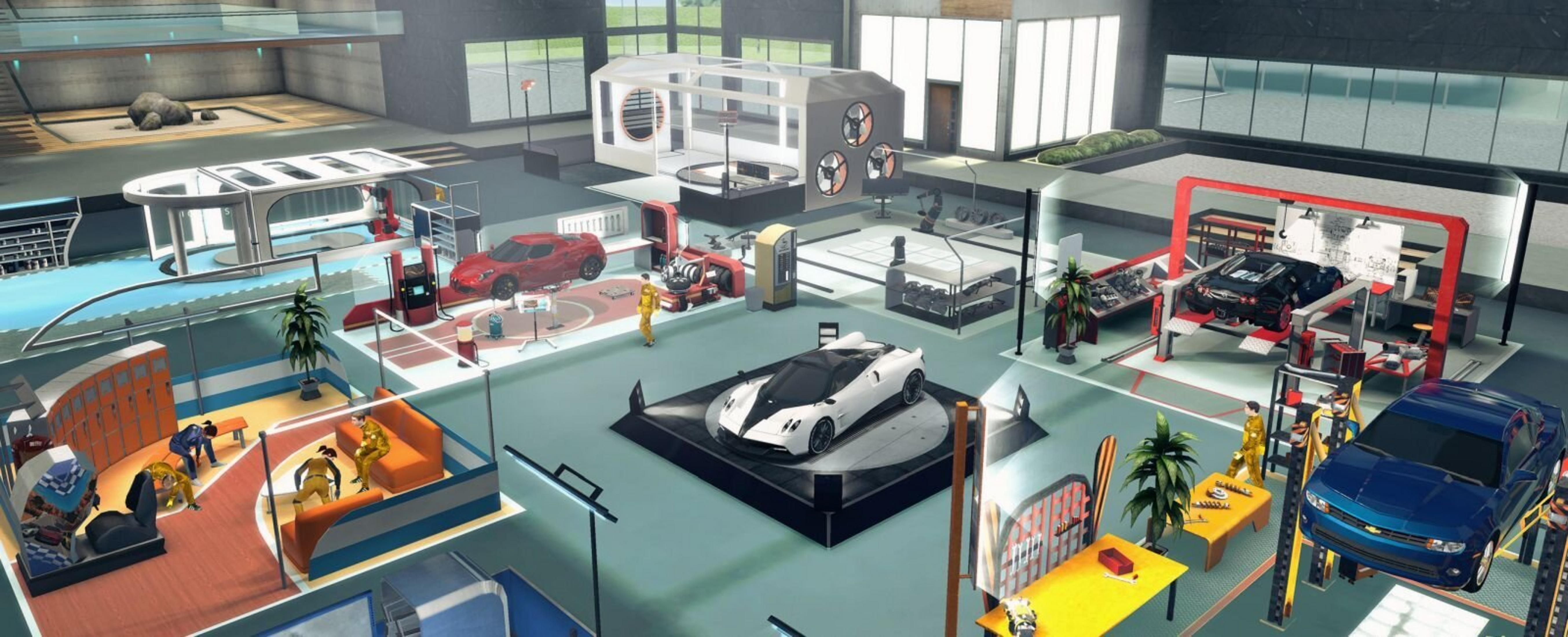 Futurystyczny warsztat z różnymi serwisowanymi samochodami.