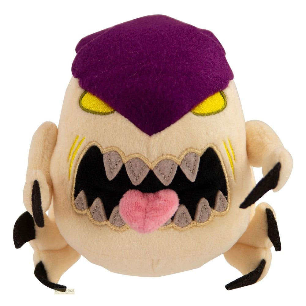 Un mostro di peluche beige chiaro con testa viola, occhi gialli e bocca aperta.