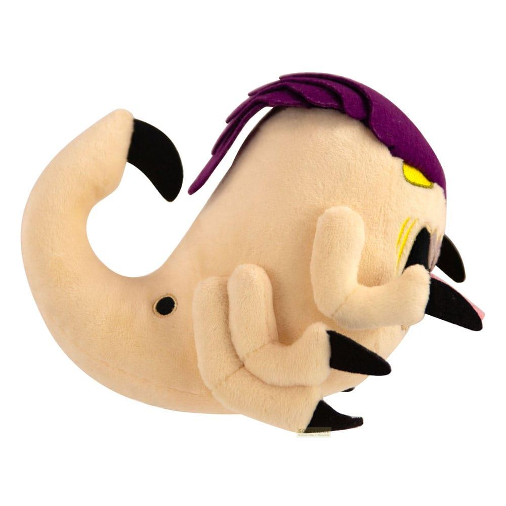 Un peluche beige chiaro con capelli viola e artigli neri.