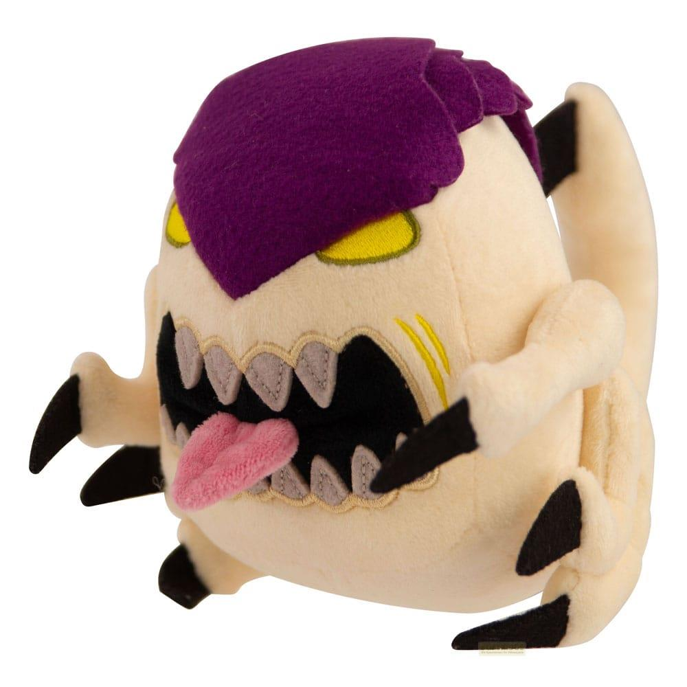 Un personaggio di peluche beige con capelli viola, occhi gialli e lingua rosa.