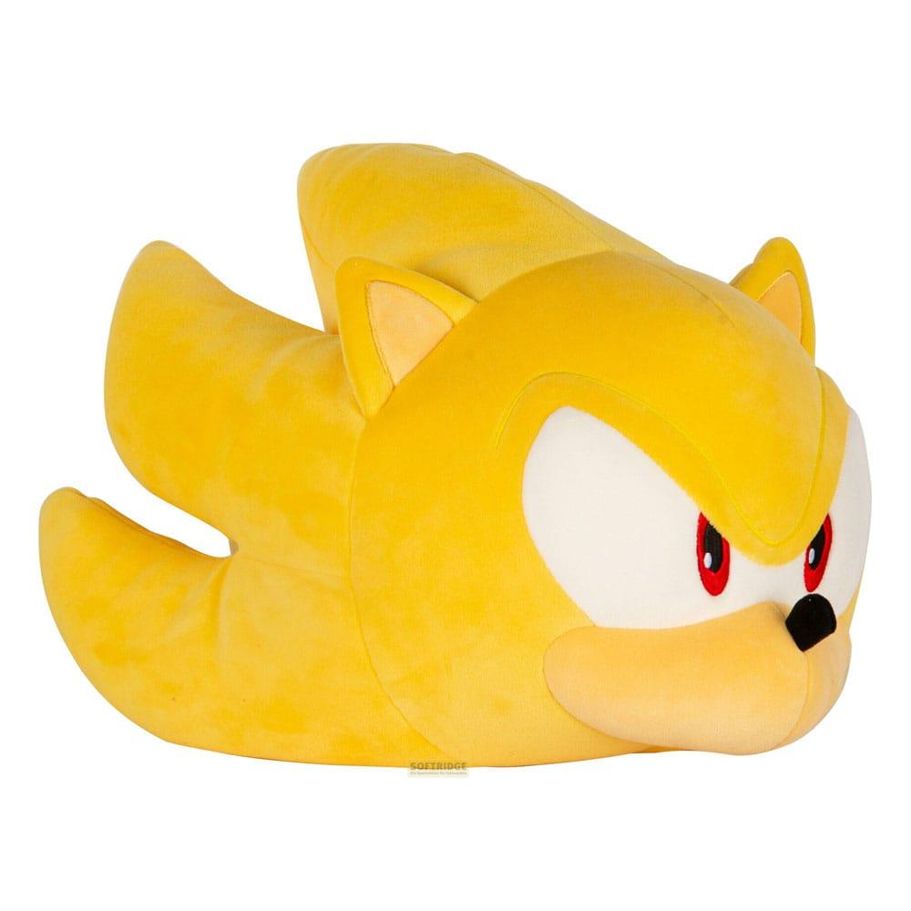 Un peluche giallo di Super Sonic con occhi rossi e accenti bianchi.