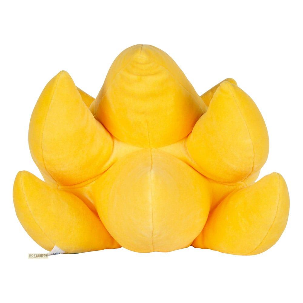 Un cuscino di peluche giallo a forma di fiore con più petali, visto frontalmente.