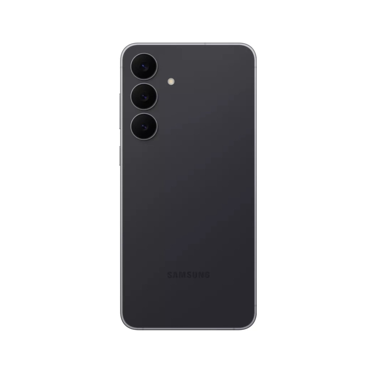 Rückseite eines dunklen Samsung Smartphones mit drei Kameras und Blitz.