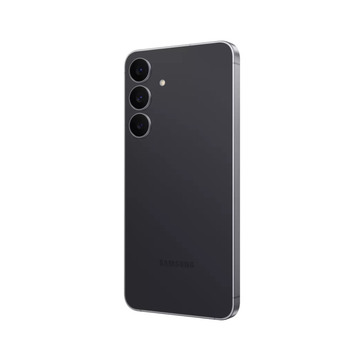 Graues Smartphone mit drei Kameras und silbernem Rahmen, auf weißem Hintergrund.