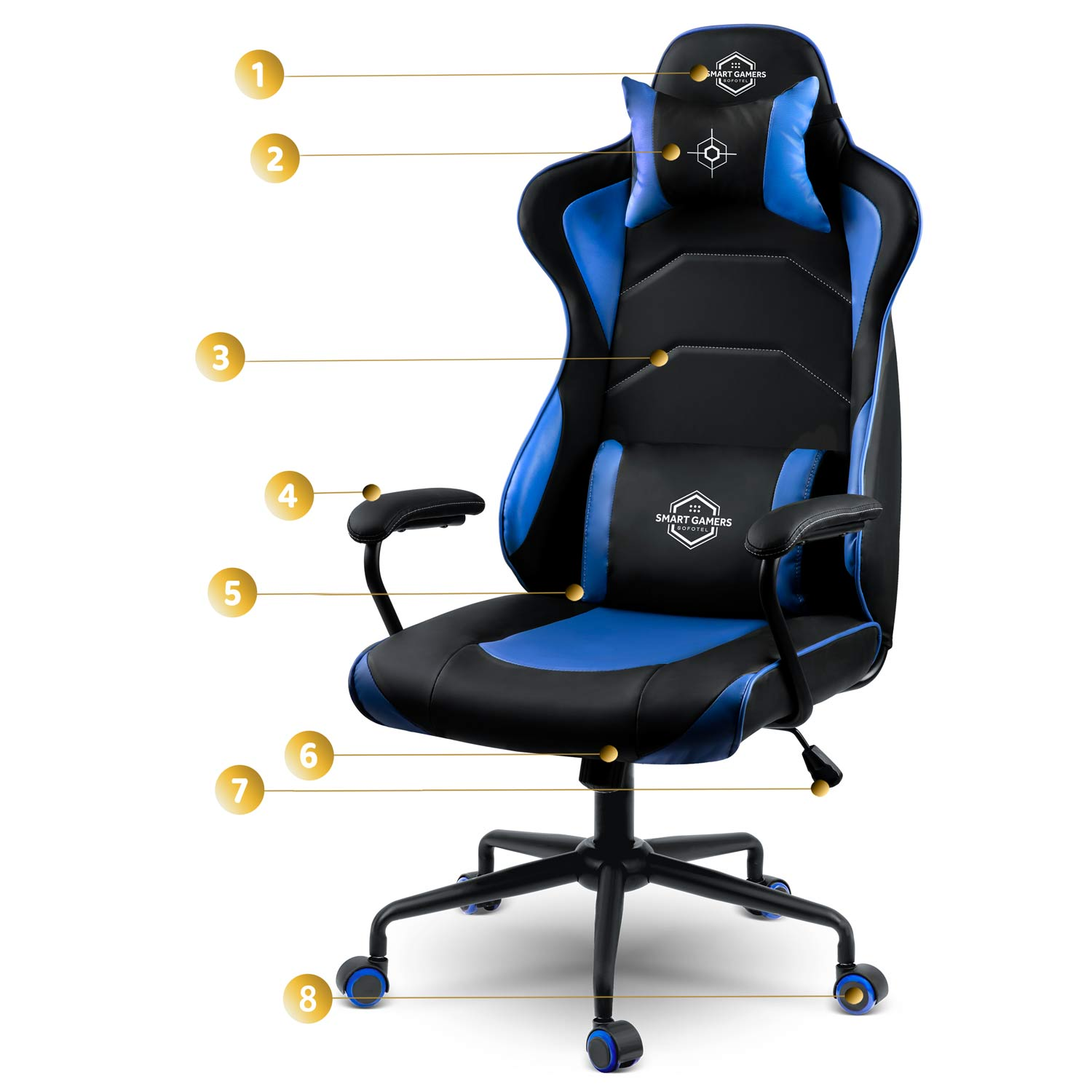 Czarno-niebieski fotel gamingowy z kółkami i poduszkami.