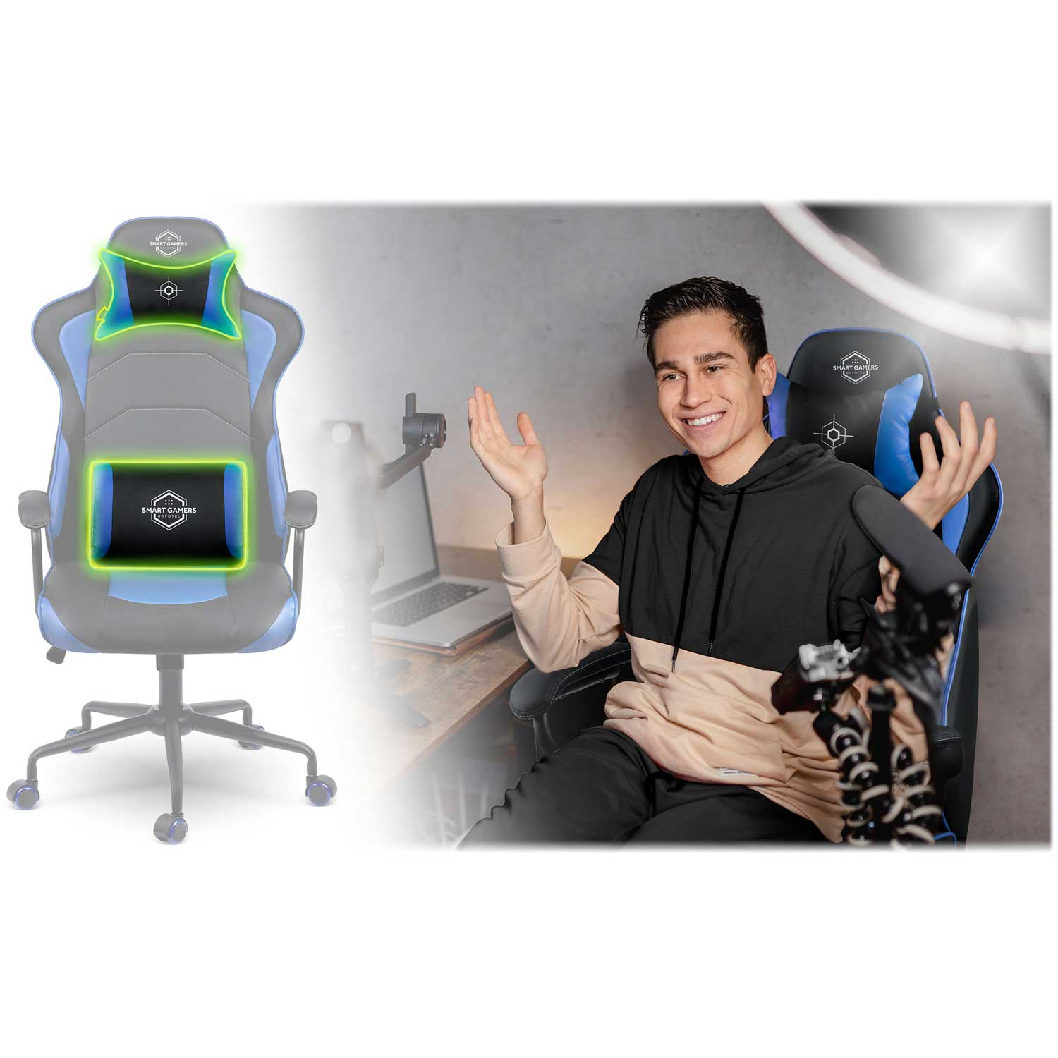 Mężczyzna w fotelu gamingowym z poduszkami i pusty fotel z poduszkami.