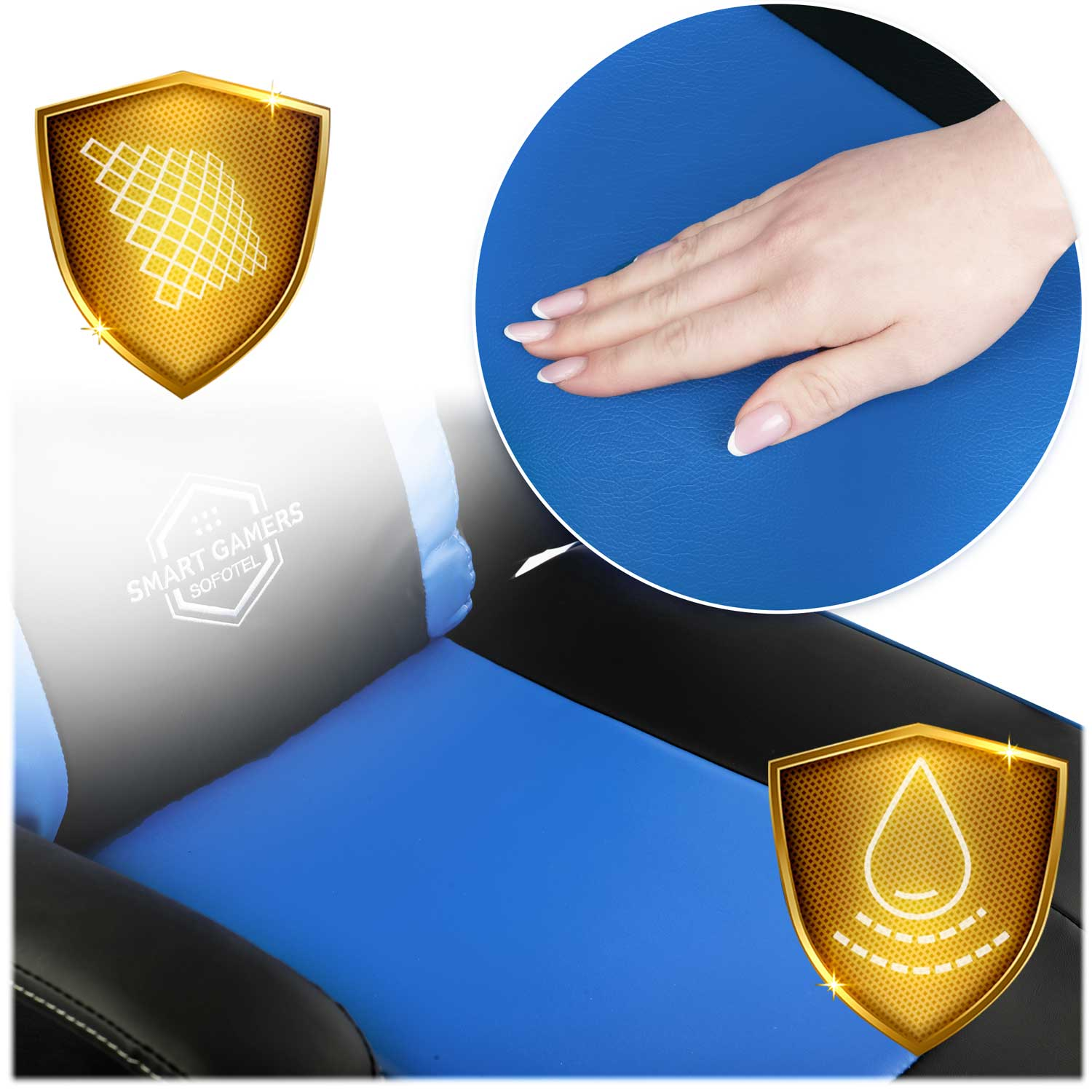 Dłoń dotyka niebieskiej tkaniny. Złote tarcze są pokazane po lewej i u dołu.