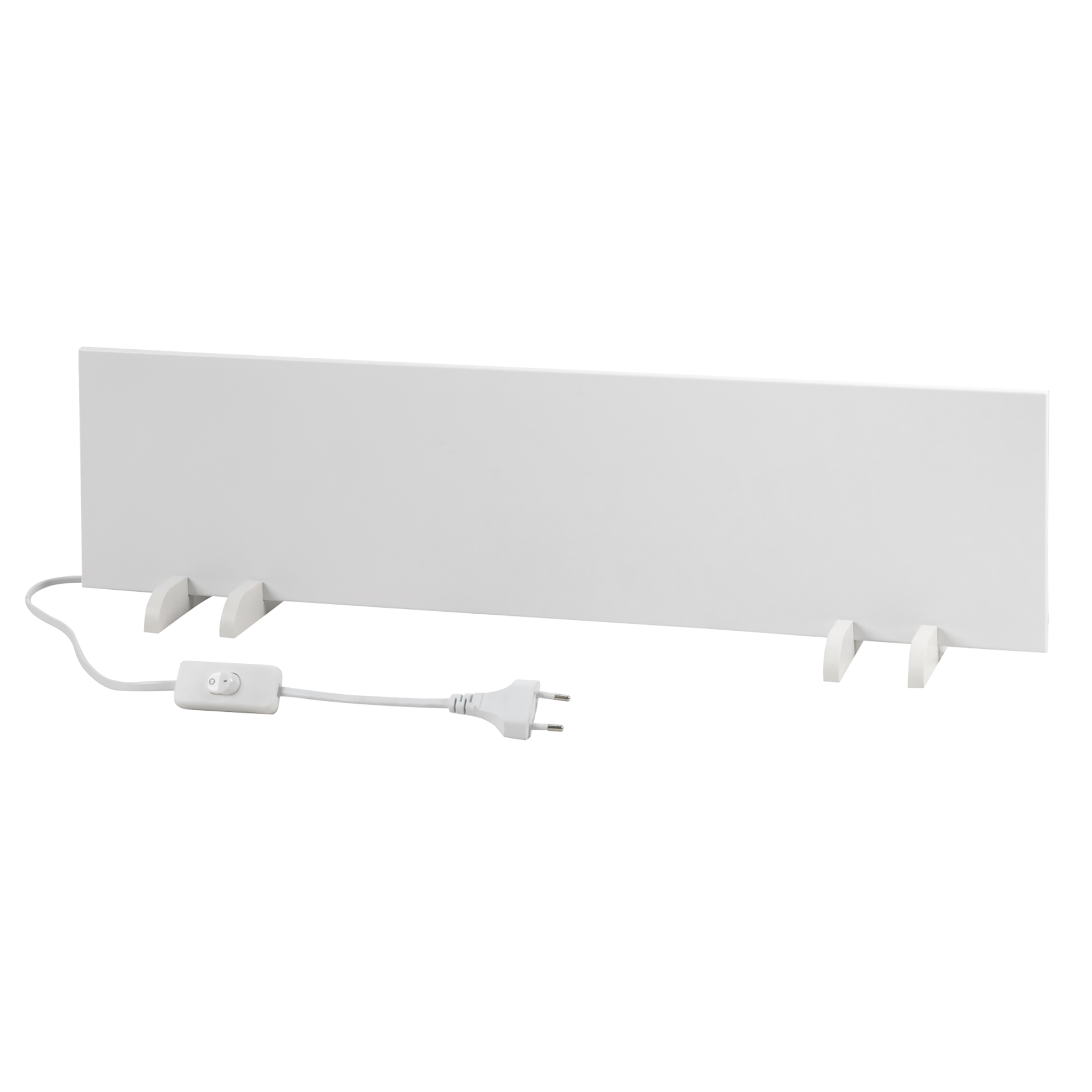Ein weißer Heizkörper mit zwei Ständern, Kabel und Schalter.