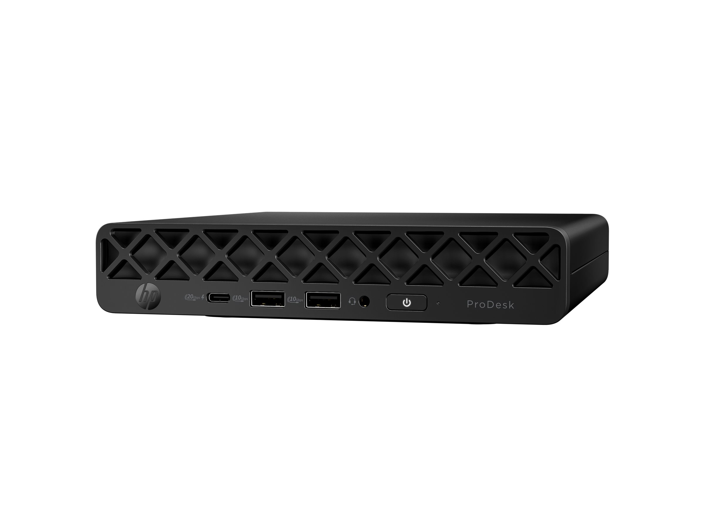 Mini PC HP ProDesk nero con porte USB e pulsante di accensione.