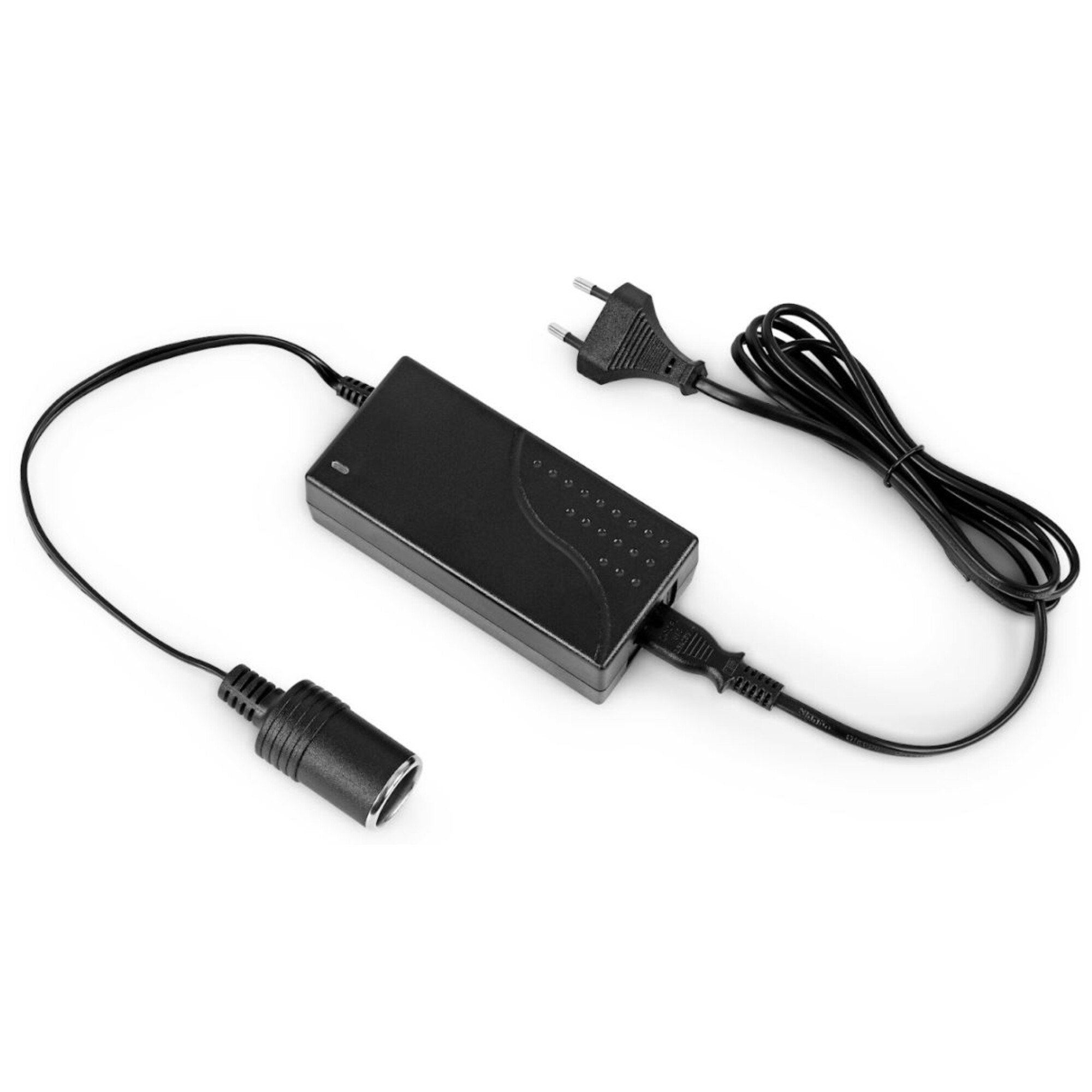 Ein schwarzer Netzadapter mit Kabeln und Stecker.