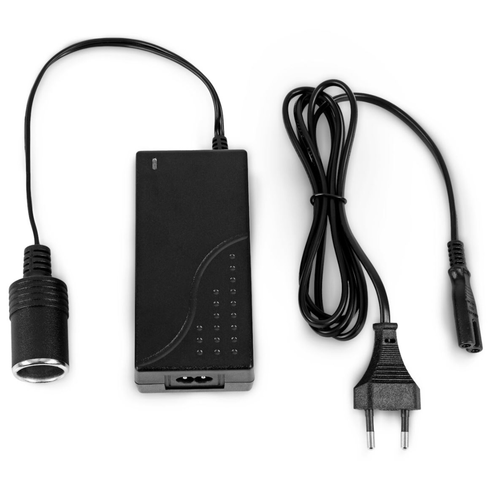 Ein schwarzes Netzteil mit Kabeln und Stecker.