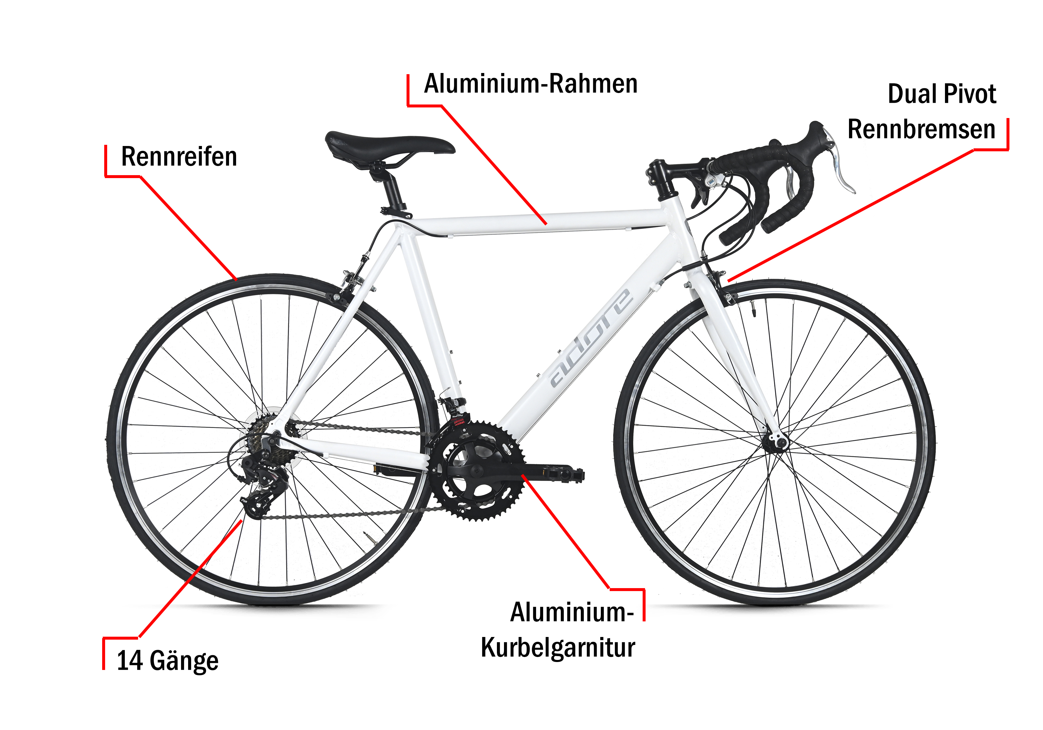 Weißes Rennrad mit Aluminiumrahmen, Rennreifen und 14 Gängen.