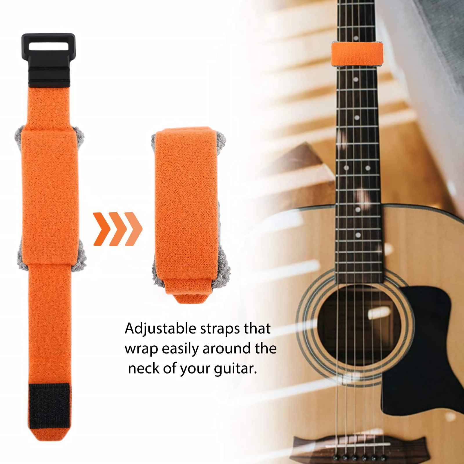 Orange Gitarrenhalsgurte mit Klettverschluss, eine an der Gitarre befestigt.