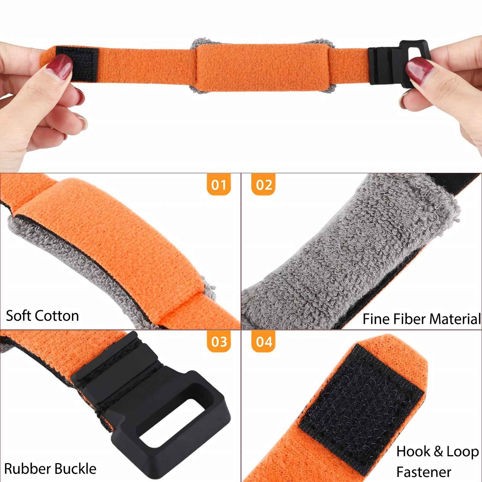 Orange Klettverschluss mit Schnalle und weichem Baumwoll-/Fasermaterial.