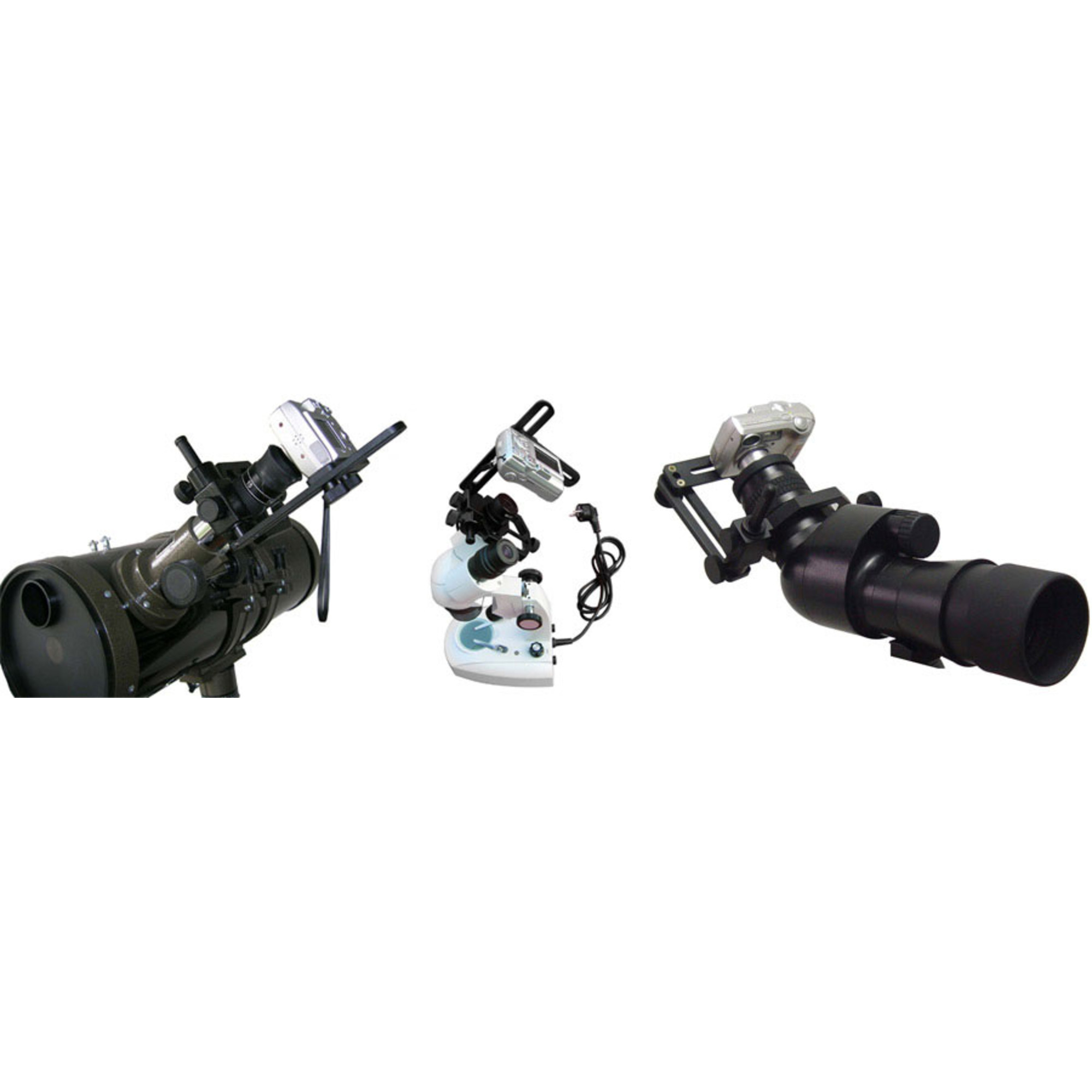 Drei optische Geräte mit Kameras, darunter Teleskope und ein Mikroskop.
